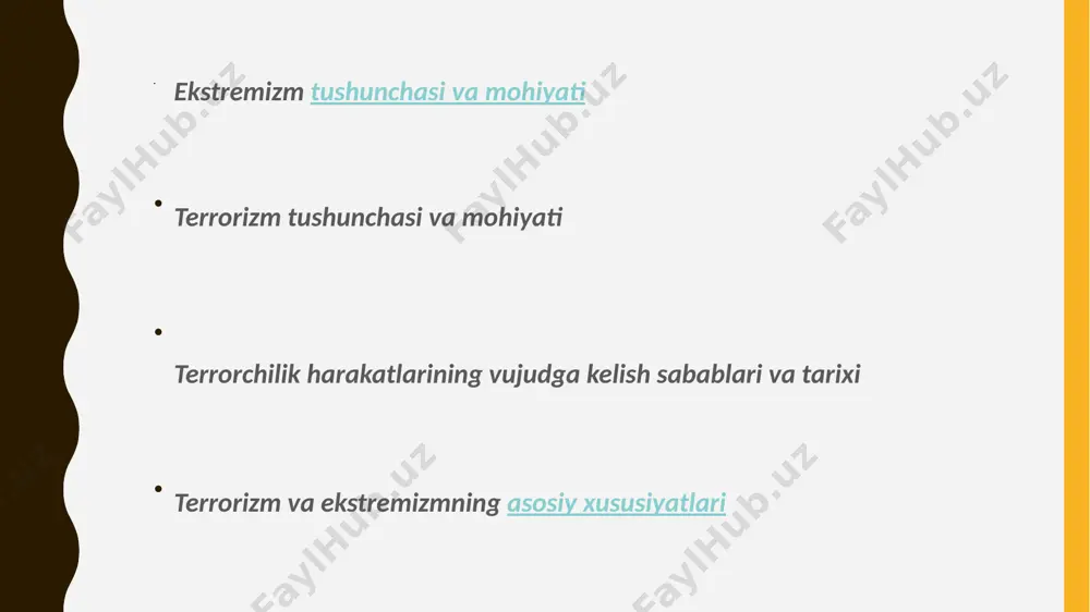 niqobi ostidagi ekstremizm» iborasini ishlatish ma’qulroq ko’rinadi. «ekstremizm» (lotincha - «aql bovar qilmas darajada», «haddan oshish») jamiyatda qabul qilingan qonun-qoidalarga zid radikal qarash va qarakatlarni anglatadi. bunday qarakatlarga diniy tus berish diniy ekstremizmga olib keladi. ammo hozirda islom dini niqobi ostidagi diniy-siyosiy harakatlar a’zolari tomonidan turli jinoyatlar sodir etilayotgani jamiyat xavfsizligiga jiddiy tahdid solmoqda. «diniy ekstremizm» - jamiyat uchun an’anaviy bo’lgan diniy qadriyatlar va aqidalarni rad etish, ularga zid g’oyalarni aldov va zo’rlik bilan targ’ib qilishga asoslangan nazariya va amaliyotni anglatadi. ekstremistik qarashlarni barcha dinlarda, buddizm, xristianlik, islomdagi turli oqimlarda uchratish mumkin. masalan, mutaxassislar katolik cherkovining erkin fikr yurituvchi, hukmron feodal-katolik cherkovi aqidalarini rad etuvchi kishilar - papa hokimiyati dushmanlarini ta’qib qilish uchun xiii asrda tuzilgan va minglab odamlarning qurbon bo’lishiga olib kelgan inkvizitsiya faoliyatini ham ekstremizmningo’ziga xos ko’rinishi sifatida baholaydilar1 e’tiboringiz uchun rahmat /docprops/thumbnail.jpeg