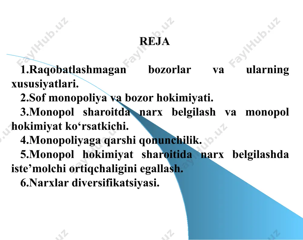 sifatida namoyon boʻladi. lekin alohida himoyaga ega boʻlmaydi. tabiiy monopoliyalar uzoq muddatli oʻrtacha xarajatlar butun bozorga bir (yagona) firma tomonidan xizmat koʻrsatilgan taqdirda oʻz minimumiga erishadigan tarmoqlarda vujudga keladi. tabiiy monopoliyalar asosan unikal tabiiy resurslarga asoslanadigan, yuqori masshtab samarasiga ega firmalardir. tabiiy monopoliyalar sun'iy monopoliya - yuqori foydaga erishish va bozor hokimiyati darajasini oshirish uchun firmalarning birlashuvi (qoʻshilishi natijasida vujudga keladi). sof monopoliya - bu bitta sotuvchi va koʻp xaridorlar qatnashgan bozor, yoki oʻrnini bosadigan tovar boʻlmagan tovarni sotadigan yagona sotuvchi boʻlgan bozor vaziyati, yoki tarmoqda yagona hukmron firma boʻlib, firmaning ishlab chiqarish va sotish chegarasi tarmoq chegarasiga teng boʻlgan bozor. sof monopoliya va raqobatlashgan bozor bir-biriga teskari bozorlar hisoblanadi. oligopoliya - bu bozor tizimida biror bir tovarni sotishda cheklangan firmalar hukmronlik qiladi. monopol raqobat bozori toʻliq raqobatlashmagan boʻlib, unda qatnashadigan firmalar soni koʻp boʻlib, ularning har biri oʻz tovarlari narxini ma'lum chegarada nazorat qiladi, ya'ni ular kichik boʻlsa ham …