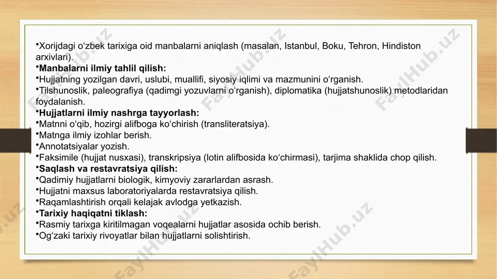 armonlar, qarorlar, soliq daftarlari, nizomlar. masalan: amir temur farmonlari, buxoro xonligining moliyaviy hujjatlari. shaxsiy yozuvlar: xatlar, kundaliklar, yodnomalar, vasiyatnomalar. masalan: abdulla qodiriy yoki fitratning shaxsiy arxivlari. ilmiy va diniy matnlar: fiqh, hadis, tafsir, tarixiy kitoblar va risolalar. masalan: narshaxiyning “tarixi buxoro” asari. ijodiy asarlar: she’riy devonlar, dostonlar, teatr matnlari. masalan: alisher navoiy, bobur, mashrab asarlari. mahalliy hujjatlar: jamoa qarorlari, mahalla daftarlar, masjid hujjatlari. taniqli arxeograflar: ahmadjon muhammadiyev qayumov hakimjon abdulhay shukurov xurshid davron (arxeografik nashrlarga hissa qo‘shgan adib sifatida) arxeografik ishlarning bosqichlari: manbani topish (izlash): ilmiy ekspeditsiyalar, mahalliy va xorijiy arxivlarda izlanish. identifikatsiya qilish: hujjat muallifi, yozilgan vaqti, joyi va mazmuni aniqlanadi. ilmiy tahlil: matnni til jihatdan, mazmunan, tarixiy kontekstda o‘rganish. matnni tayyorlash: transliteratsiya, tarjima, izoh, izohli lug‘atlar qo‘shish. nashr qilish: kitob holida yoki elektron shaklda ommaga taqdim etish. zamonaviy texnologiyalar roli: arxeografiyada texnologiyalar tobora muhim rol o‘ynamoqda: raqamlashtirish (digitizatsiya): qo‘lyozmalar va hujjatlar skanerlab elektron arxivga o‘tkaziladi. ocr (optical character …