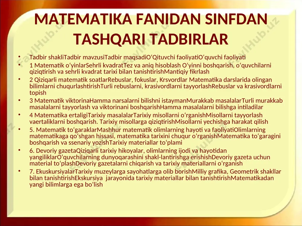 rli materiallar beriladi. masalan: 1. odamning bo‘yi bir kunda 1 sm dan 6 sm gacha o‘zgarishi mumkin. 2. dunyodagi eng uzun temir yo‘l 9302 km ni tashkil etadi. 3. dunyoda okeanlar suvida 13300 mln tonnagacha kumush bor. matematika burchagini tashkil qilishni o‘quvchilar va ularning ota-onalari faoli yordamida amalga oshirilishi mumkin. matematik ekskursiyalarning maqsadi – konkret hayotiy fakt va taassurotlarni talab qilish.
