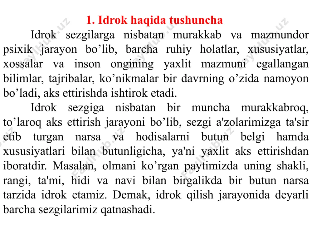 rning periferik bo’limining markaziy analizator bilan bog’laydigan yo’llarni ochadigan afferent (markazga intiluvchi) va efferent (markazdan qochuvchi) nervlar; analizatorning periferik bo’limlaridan keladigan nerv signallarining qayta ishlanishi sodir bo’ladigan qobiq osti va qobiq bo’limlari. analizator nerv jarayonlarining yoxud reflektor yoyining butun yo’li manbasi va eng muhim qismini tashkil etadi. reflektor yoyi reseptordan ta'sirotni miyaga olib boruvchi nerv yo’llari va effektordan tarkib topgandir. reflektor yoyi elementlarning o’zaro munosabati murakkab organizmning tevarak-atrofdagi olamda to’g’ri mo’ljal olishning organizmning yashash sharoitlariga muvofiq tarzdagi faoliyatining negizini ta'minlaydi. 2. sezgi turlari. sezgilar qaysi a'zolar yordamida hosil qilinishiga qarab, quyidagi turlarga, ya'ni ko’rish, eshitish, hid bilish, ta'm bilish, teri, muskul-harakat, organik sezgilarga ajratiladi. ular sezgi a'zolari qaerda joylashganligiga qarab tavsiflanadi. jahon psixologiyasi fanining so’nggi yutuqlari hamda atamalariga binoan sezgilar quyidagicha klassifikasiya qilinadi. ushbu tasniflanishning dastlabki ko’rinishi ingliz olimi ch.sherringtonga taalluqlidir. u reseptorning qayerda joylashganligiga qarab, sezgilarni uch turga bo’ladi. tashqi muhitdagi narsa va hodisalarning xususiyatlarini aks ettirishga moslashgan hamda …