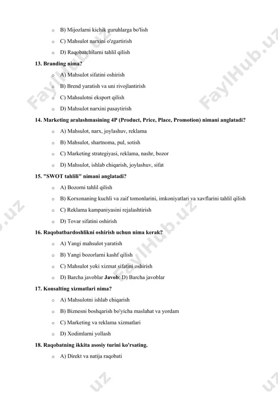 ishlab chiqarish narxi · b) kompaniya foydasining maksimal miqdori · c) mijozlarga xizmat ko'rsatish qiymati · d) korxonaning foyda olishga qaratilgan strategiyasi 23. investitsiyalarni qayta baholashning asosiy maqsadi nima? · a) mahsulotni ishlab chiqarishni oshirish · b) tadbirkorlarning foydasini oshirish · c) korxona aktivlarining qiymatini aniqlash · d) xodimlar malakasini oshirish 24. foyda va zarar hisoboti nima? · a) korxonaning moliyaviy holatini ko'rsatadi · b) korxonaning ishlab chiqarish rejasi · c) raqobatchilarning tahlili · d) mijozlar bilan ishlash strategiyasi 25. dividentlar nima? · a) korxona faoliyatining asosiy yo'nalishlari · b) aksiyadorlarga to'lanadigan foyda · c) banklar uchun to'lanadigan foizlar · d) tovarlarni sotishdan olingan daromad 26. boshqaruv xarajatlari nima? · a) mahsulot ishlab chiqarish xarajatlari · b) ishlab chiqarishni avtomatlashtirish · c) biznesni boshqarish va yuritish xarajatlari · d) tashqi reklamalar xarajatlari 27. investitsiya riskini qanday baholash mumkin? · a) oylik rentabellik · b) mahsulot narxi · c) aktivlarning qiymati …