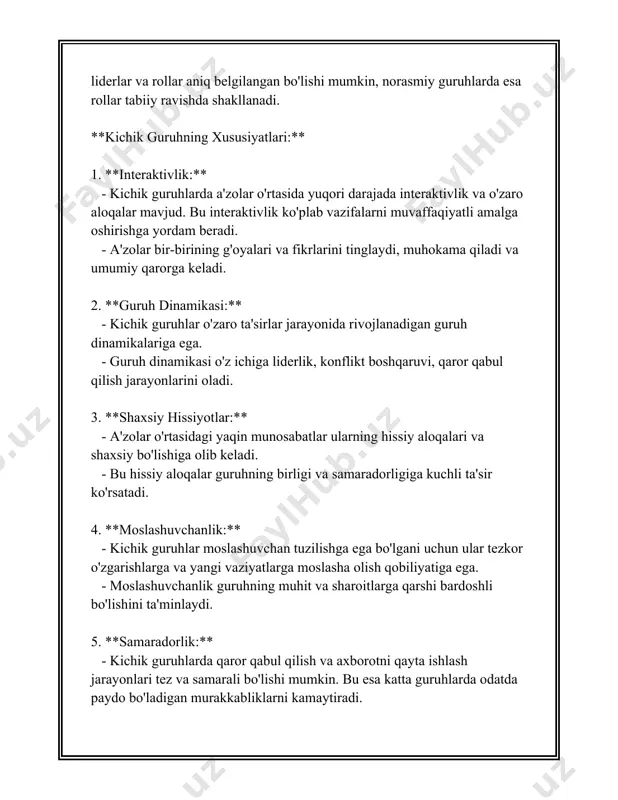 jihatdan va aniq maqsadlarga yo'naltirilgan qarorlar qabul qilishlariga yordam beradi. bu esa qaror qabul qilish samaradorligini 15% gacha oshirish imkonini beradi. 8. **ishonchni oshirish**: liderlik ishonchni 35% gacha oshirishi mumkin. ishonchli liderlar guruh a'zolari o'rtasidagi aloqalarni o'rnatadi, bu esa ichki birlik va ishonch darajasining oshishiga olib keladi. ushbu raqamlar va faktlar kichik guruhlarda liderlikning qanday muhim rol o'ynashini ko'rsatadi. kuchli liderlik nafaqat guruhning samaradorligini oshiradi, balki a'zolar o'rtasidagi kommunikatsiya, motivatsiya va ishonchni ham mustahkamlaydi. har bir jamoada liderlikning to'g'ri amalga oshirilishi guruh maqsadlariga erishishni ta’minlashda hal qiluvchi omil hisoblanadi. 3. guruh a'zolari o'rtasidagi kommunikatsiya 3. guruh a'zolari o'rtasidagi kommunikatsiya juda muhim mavzulardan biri hisoblanadi. ushbu mavzu doirasida guruh a'zolari o'rtasidagi muvaffaqiyatli aloqa tizimlari va strategiyalari haqida manbalar va tadqiqotlardan olingan ma'lumotlarni ko'rib chiqamiz. 1. **kommunikatsiya jarayonlari**: guruh ichidagi aloqa odatda maqsadlarga qarab turli xil usullarda amalga oshiriladi. tadqiqotlar shuni ko'rsatdiki, guruh a'zolari o'rtasidagi samarali kommunikatsiya muvaffaqiyatli jamoaning poydevoridir. 45% muvaffaqiyatli …