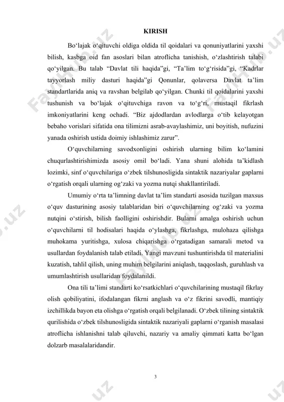 ik nazariyalarni o‘rgatish yuzasidan ishlab chiqilgan metodik ishlar yordamida darsning tashkil etilishi bilim olishni yengillashtiradi, o‘quvchilarni mustaqil fikrlashga o‘rgatadi. kurs ishining amaliy tuzilishi: ushbu kurs ishi kirish, 2 bob, 4 ta paragraf, xulosa , foydalanilgan adabiyotlardan iborat bo‘lib, 35 betni tashkil etadi. i bob. o‘zbek tili sintaktik ta’limoti va uning taraqqiyoti 1.1. sintaksis atamasi va uning predmeti. grammatika morfologiya va sintaksisni o‘z ichiga oladi. morfologiya, asosan, sintaktik qurilish vositalari bo‘lmish grammatik ko‘rsatgichlar tizimi - morfologik kategoriyalarni o‘rganadi, ularning umumiy va xususiy grammatik ma’no (ugm va xgm)larini o‘rganadi. shuningdek, u so‘z turkumlarining umumiy grammatik xossalarini ham tekshirib keladi. aslida, morfologiyaning tekshirish manbayi yo leksik, yo sintaktik tabiatga ega bo‘ladi. masalan, so‘z turkumlari lug‘aviy ma’nosi yaqin so‘zlarning yuksak darajadagi umumlashmasi, so‘zlarni bosqichma-bosqich birlashtirib borish natijasida hosil qilingan katta guruhlardir. demak, so‘z ma’nolari umumlashuvi pog‘onasining yuqori zinasi morfologik mohiyat sifatida qaraluvchi so‘z turkumlaridir. morfologik ko‘rsatgichlar ikkiga bo‘linadi: 1) lug‘aviy shakl hosil qiluvchi qo‘shimchalar; …