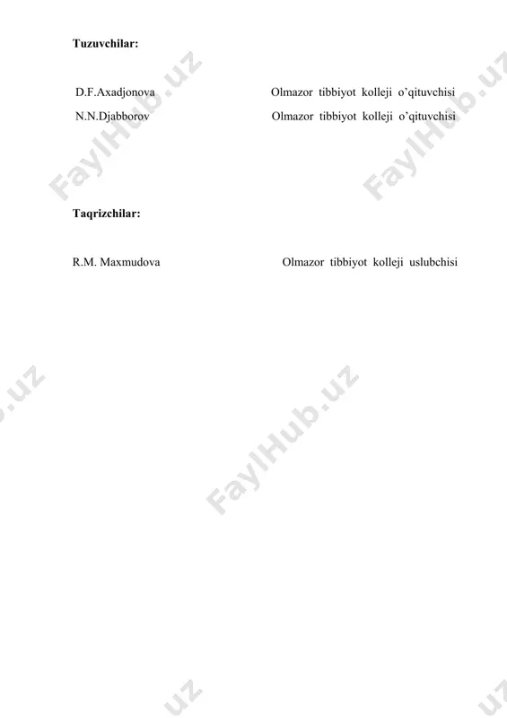 arta ovqatlanish kerak? a. *uch martadan kam emas ; b. ikki martadan kam emas; c. albatta to’rt mahal; d. to’rt martadan kam emas. 7.yilning sovuq mavsumida 3 mahal ovqatlanish tarkibida kunlik ratsionning energetik qiymati qanday taqsimlanadi? a. *nonushta 30-35%, tushlik 40-45%, kechki ovqat 20-25%; b. nonushta 40-45%, tushlik 30-35%, kechki ovqat 25-30%; c. nonushta 20-25%, tushlik 15-20%, kechki ovqat 30-35%; d. nonushta 30-35%, tushlik 20-25%, kechki ovqat 40-45%. 8.adekvat ovqatlanish deb nimaga aytiladi? a. *barcha gigienik talablarga javob beradigan ovqatlanish; b. yuqori kaloriyali ovqatlanish; c. vitaminlarni ko’p tutgan ovqatlanish; d. yog’sizlantirilgan maxsulotlarni tutuvchi ovqatlanish. 9.shaxsiy tarzda ovqatlanishni tahlil qilishda qanday asosiy hisoblashlar bajarilishi kerak? a. *oziq moddalarning miqdori, ularning nisbati, energetik qiymati va kun davomidagi taqsimoti; b. ratsion tarkibidagi oqsillar, yog’lar, uglevodlar, vitaminlar va mineral moddalar miqdorini; c. ratsionning energetik qiymati va uning kun davomidagi taqsimotini ; d. ratsionning energetik qiymati va oqsillar, yog’lar va uglevodlarning taqsimotini. 10.taomnoma nima? a. …