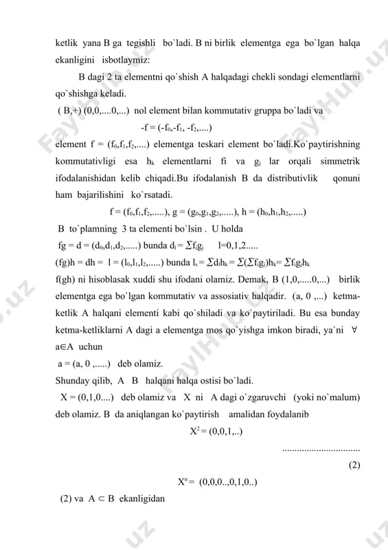likda f( (0 va fn+1=fn+2=...=0 bo`lsa( u holda f(- yuqori (bosh) koeffisienti( ( - esa ko`phadni darajasi deyiladi va u (=deq f deb yoziladi. 1(2(3.... darajali ko`phadlar mos ravishda chiziqli, kvadratik,kubik va hakozo ko`phadlar deyiladi. а(x( halqada bir rolini а halqani 1 elementi o`ynaydi. u nolinchi darajaliko`phad sifatida qaraladi. а(x( halqada qo`shish va ko`paytirish amallarini aniqlanishiga ko`ra, 2 ta f = f0+f1x+.....fnxn( g = g0+g1x+.....+gmxm n va m darajali ko`phadlar uchun quyidagi tengsizliklar o`rinli deg(f+g) ( max(deg f( deg), deg(fg) ( degf+degg (5) (5) dagi 2-chi tengsizlik haqiqatda esa tenglikdir ya`ni deg(fg) = degf + degg chunki har doim fngm ko`paytma (4) ko`phadlarni yuqiri koeffisientlari ko`paytmasi bo`lib, ular noldan farqli ekaligi kelib chiqadi. fg = f0g0 + (f0g1+f1g0)x+.....(fngm)xn+m (6) bundan quyidagi tеorеmani o`rinli ekanligi kеlib chiqadi . tеorеma 1.agar a -halqa butunlik sohasi bo`lsa u holda a[x] ham butunlik sohasi bo`ladi tеorеma 2. k komutativ halqani a halqa ostisi bo`lsin …