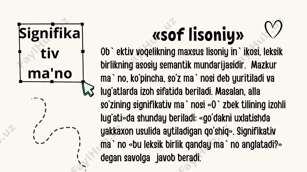 ’rk» ma`nosini ifodalamoqda. bitta leksik ma`no to’rtta qismga bo’linadi degan fikr kelib shiqmasligi lozim. leksik ma`noning ushbu signifikativ, struktur, emotiv, denotativ qirralari o’zaro jips bog’langan bo’lib, bitta yaxlit hodisani, yaxlit ob`ektni (leksik ma`noni) turli nuqtai nazarlardan tavsiflaydi. signifikativ ma`no voqelikning maxsus lisoniy in`ikosi bo’lsa, struktur ma`no uning til sistemasidagi o’rnini belgilaydi, emotiv ma`no ifodalanayotgan narsaga emotsional-ekspressiv munosabatni bildiradi, denotativ ma`no esa lug’aviy birlikning aniq narsa va hodisa bilan shartlanganligini ko’rsatadi. leksik ma`no signifikativ ma'no denotativ ma`no struktur ma`nor emotiv ma`no www.reallygreatsite.com e'tiboringiz uchun rahmat image9.png image10.svg image1.png image2.svg image3.png image4.svg image5.png image6.svg image7.png image8.svg image11.png image18.png image19.svg image20.png image21.svg image12.png image13.svg image14.png image15.svg image16.png image17.svg image22.png image23.svg image24.png image25.svg image32.png image33.svg image34.png image35.svg image26.png image27.svg image28.png image29.svg image30.png image31.svg image42.png image43.svg image44.png image45.svg image36.png image37.svg image38.png image39.svg image40.png image41.svg image54.png image55.svg image56.png image57.svg image58.png image59.png image60.svg image61.png image46.png image47.svg image48.png image49.svg image50.png image51.svg image52.png image53.svg image64.png image65.svg image66.png image67.svg image68.png …