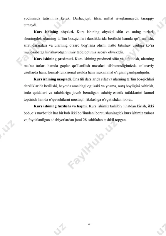 aki va yozma, nutq boyligini oshirish, imlo qoidalari va talablariga javob beradigan, adabiy-estetik tafakkurini kamol toptirish hamda o‘quvchilarni mustaqil fikrlashga o‘rgatishdan iborat. kurs ishining tuzilishi va hajmi. kurs ishimiz tarkibiy jihatdan kirish, ikki bob, oʻz navbatida har bir bob ikki boʻlimdan iborat, shuningdek kurs ishimiz xulosa va foydalanilgan adabiyotlardan jami 28 sahifadan tashkil topgan. i bob. boshlang'ich sinflarda "sifat" so'z turkumi va uning turlari 1.1. boshlang'ich sinflarda sifat so‘z turkumi va grammatikasi narsaning belgisini bildirib, qanday? qanaqa? qaysi? kabi so‘roqlardan biriga javob bo‘ladigan so‘zlar turkumi sifat deyiladi. sifat asosan otga bog‘lanadi va uning belgisini aniqlaydi. masalan: oq ko‘ylak, kuzgi ekin, aqlli qiz, yumshoq non, o‘rtancha o‘g‘il. bunda belgi bildiruvchi so‘z sifatlovchi, uni boshqarib kelgan ot esa sifatlanmish deyiladi. sifat bog‘lanib kelgan ot turli so‘z o‘zgartuvchi qo‘shimchalar bilan qo‘llanish mumkin, lekin sifat o‘zgarmaydi: ko‘k qalam, ko‘k qalamning, ko‘k qalamdan kabi. sifat gapda asosan a) sifatlovchi-aniqlovchi vazifasini bajaradi: bir ozdan so‘ng yoqimli …