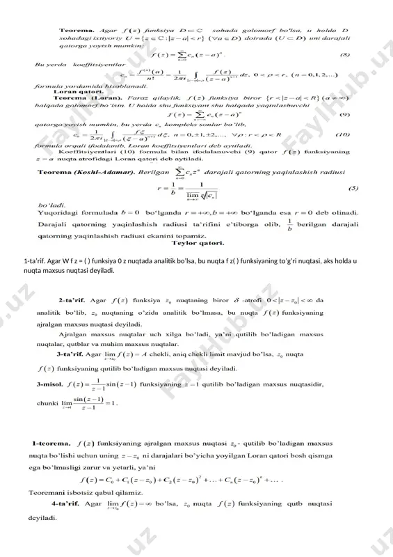 sa, bu limit f z( ) funksiyaning egri chiziq bo‘yicha integrali deb ataladi va f z dz ( ) kabi belgilanadi 1-ta’rif. agar w f z = ( ) funksiya 0 z nuqtada analitik bo’lsa, bu nuqta f z( ) funksiyaning to’g’ri nuqtasi, aks holda u nuqta maxsus nuqtasi deyiladi. 1-ta’rif. erkli o’zgaruvchilar, ularning noma’lum funksiyasi va uning xususiy hosilalarini bog’lovchi tenglamaga xususiy hosilali differensial tenglama deb ataladi. noma’lum funksiyaning bir necha o’zgaruvchiga bog’liqligi xususiy hosilali tenglamalarni yechishni qiyinlashtiradi. bunday tenglamalarning juda kam qisminigina aniq ko’rinishda yechib bo’ladi. oddiy yechimga ega bo’lgan bir nechta tenglamani qaraymiz. bunda barcha funksiyalar uzluksiz deb faraz qilinadi. \ image5.png image6.png image7.png image8.png image9.png image10.png image11.png image12.png image13.png image14.png image15.png image16.png image17.png image18.png image19.png image20.png image21.png image22.png image23.png image24.png image25.png image26.png image27.png image28.png image1.png image2.png image3.png image4.png