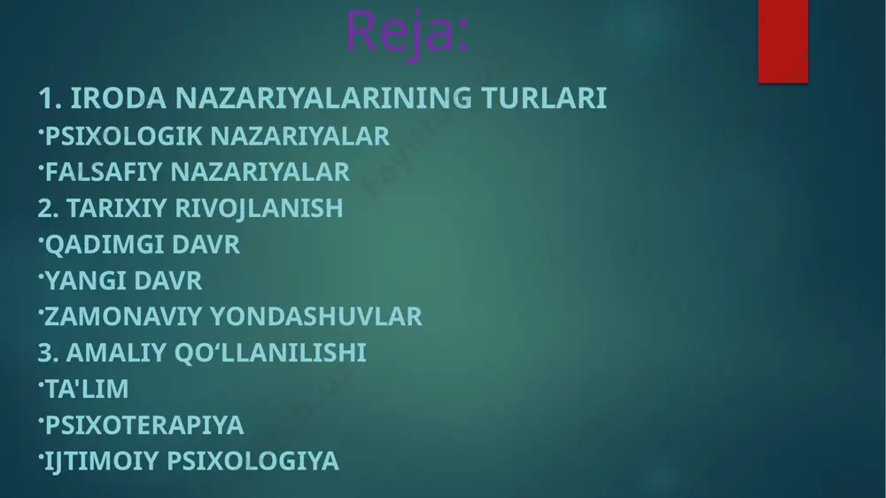 rishga qaratilgan. bu nazariya odamni faqat muammolar va xatoliklar sifatida emas, balki potentsialga ega bo‘lgan va o‘zini o‘zi rivojlantirishga intilayotgan mavjudot sifatida ko‘radi. asosiy tushunchalar: maslowning ehtiyojlar piramidasining nazariyasi: maslow ehtiyojlarni piramida shaklida tasvirlab, eng oddiy ehtiyojlardan (jismoniy ehtiyojlar) boshlab, o‘zini anglash va o‘zini ifoda etish ehtiyojlariga qadar tartiblab chiqdi. o‘zini anglash (self-actualization): insonning to‘liq potentsialini amalga oshirishi. 4. kognitiv psixologiya (jean piaget, jerome bruner) kognitiv psixologiya insonning fikrlash, qaror qabul qilish, ma'lumotni qayta ishlash va dunyo haqida tasavvurlarni shakllantirish jarayonlarini o‘rganadi. bu yondashuv insonni faqatgina tashqi muhitga javob beruvchi mavjudot sifatida emas, balki faollik bilan ma'lumotni qayta ishlovchi, qarorlar qabul qiluvchi va muammolarni hal qiluvchi bir mavjudot sifatida ko‘radi. asosiy tushunchalar: insonning kognitiv rivojlanishi (piaget): piaget bolalarning aql-idrok rivojlanishini to‘rt bosqichga ajratgan: sezgiy-motor bosqich, predlogik bosqich, konkret operatsiyalar bosqichi, va formal operatsiyalar bosqichi. kognitiv qayta ishlash modeli: inson miya va ongini ma'lumotni olish, saqlash va qayta ishlash tizimi sifatida …