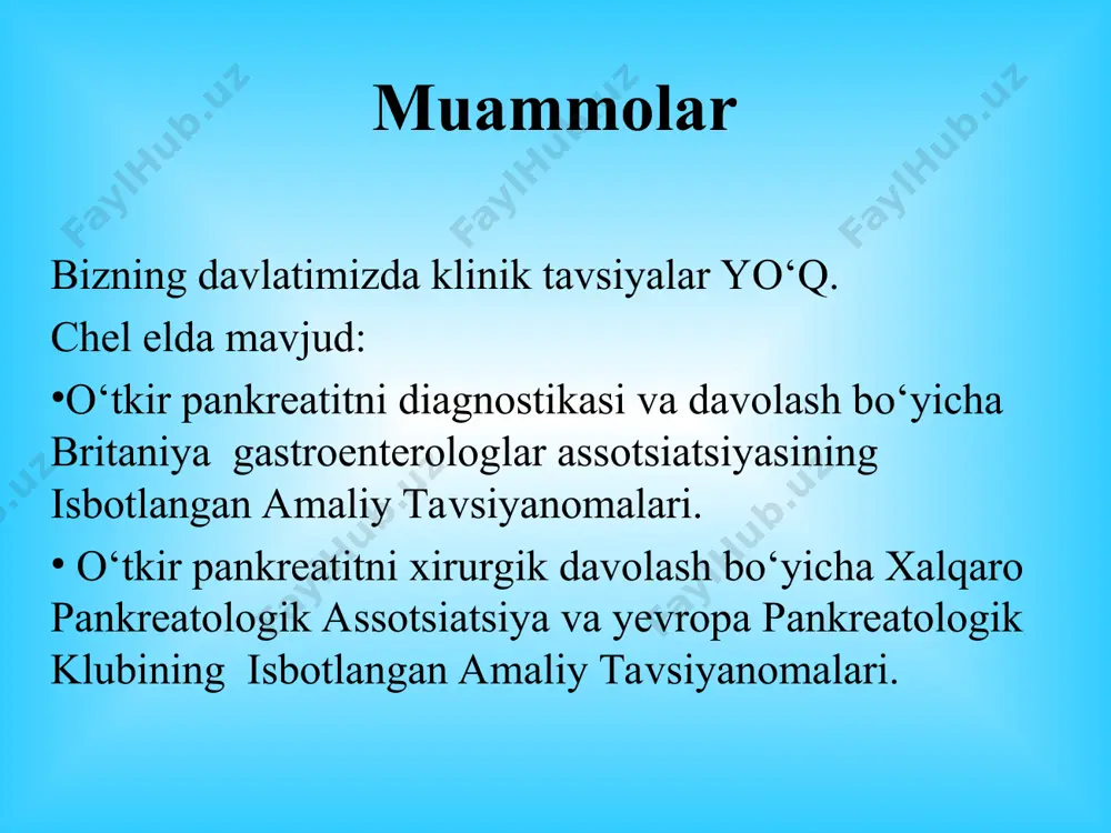 ologik anatomiya o‘tkir pankreatitning klinik manzarasi og‘riq - epigastral sohada o‘tkir pankreatitning shishli shaklida kuchsizrok, pankreonekrozda kuchli bo‘ladi. ovqat-lanishga maromi buzilganda q¢ziydi va seziladi. og‘riq ko‘p hollarda qorinning yuqori qismini egallaydi va belbog‘si-mon tus oladi (lobachev simptomi). og‘riqlarning bel sohasiga irradiatsiyasi (meyo- robson belgisi), o‘ng kurak ostiga (boas), o‘ng yelka sohasiga, o‘ng o‘mrov ostiga irradiatsiyasi (myussi simptomi) kuzatiladi. ichak parezi hisobiga qorinning shishishi kuzatiladi. tana harorati bemorlarda normal yoki subfebril darajada bo‘lishi mumkin. bemorni qorni shishgan, ichaklar peristaltikasi kuchaygan yoki eshitilmasligi , epigastral sohada regional mushaklar tarangligi aniqlanadi (kerte simptomi). o‘tkir pankreatitga xos teri simptomlari mondor simptomi – tana va yuz terisi-dagi binafsha rang dog‘lar; xolsted simptomi – qorin terisining sianozi; turner simptomi – qorinning yon devori va bel sohasi sianozi; gryunvald simptomi – kindik soha te-risidagi petexial toshmalar. laborator diagnostika qon tahlilida gipoxrom anemiya, leykotsitoz, for- mulaning chapga siljishi, echt ni ko‘tarilishi. me'da osti bezi fermentlaridan amilaza (diasta-za) miqdorining …