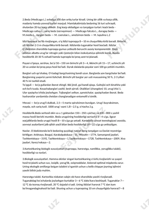 mchi ildizlari 3—4 barg hosil bo‘lganda paydo bo‘la boshlaydi va tuproqda nam yetarli bo'lgandagina rivojlana boshlaydi. ikkilamchi ildizlaming hosil bo'lish davri tuplanish tugunining shakllanishidan naychalash fazasigacha davom etadi. bahori bug'doy ildiz tizimining o‘zlashtirish qobiliyati yuqori bo'lmaganligi va nisbatan kuchsiz rivojlanganligi tufayli u tuproq unumdorligiga talabchan. u yumshoq, unumdor va begona o‘tlardan toza yerlarda yaxshi o‘sadi. lalmikor mintaqada organik moddalarga, chirindiga boy bo'z tuproqlar bahori bug‘doy yetishtirish uchun qulay yerlar hisoblanadi.0 ‘zbekiston sharoitida biologik bahori navlar, duvarak navlar kuzda va bahorda ekiladi. ular biologik kuzgi navlarga nisbatan tezpishar, qurg‘oqchilikka va issiqlikka chidamli, donining shishasimonligi yuqori. 0 ‘zbekistonda bug‘doyning quyidagi navlari bahori qilib ekiladi.surxak—5688 — samarqand, jizzax, sirdaryo va toshkent viloyatlarining tog' oldi va tog'li lalmikor mintaqalarida ekish uchun davlat reyestriga kiritilgan.bahori qattiq bug'doyning sug'oriladigan yerlarda ekish uchun neodur, tetradur, bahori yumshoq bug'doyning giza—163, sads— 1 navlari respublikamizning hamma viloyatlarida sug'oriladigan yerlarda ekish uchun davlat reyestriga kiritilgan.bahori bug'doy xususiyatlaridan biri urug'larning bir …