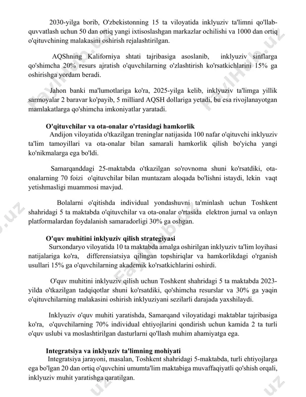 liklar kuzatiladi. integratsiya va inklyuziv ta'limning kelajagi 2030-yilga borib, o'zbekistonning 15 ta viloyatida inklyuziv ta'limni qo'llab-quvvatlash uchun 50 dan ortiq yangi ixtisoslashgan markazlar ochilishi va 1000 dan ortiq o'qituvchining malakasini oshirish rejalashtirilgan. aqshning kaliforniya shtati tajribasiga asoslanib, inklyuziv sinflarga qo'shimcha 20% resurs ajratish o'quvchilarning o'zlashtirish ko'rsatkichlarini 15% ga oshirishga yordam beradi. jahon banki ma'lumotlariga ko'ra, 2025-yilga kelib, inklyuziv ta'limga yillik sarmoyalar 2 baravar ko'payib, 5 milliard aqsh dollariga yetadi, bu esa rivojlanayotgan mamlakatlarga qo'shimcha imkoniyatlar yaratadi. o'qituvchilar va ota-onalar o'rtasidagi hamkorlik andijon viloyatida o'tkazilgan treninglar natijasida 100 nafar o'qituvchi inklyuziv ta'lim tamoyillari va ota-onalar bilan samarali hamkorlik qilish bo'yicha yangi ko'nikmalarga ega bo'ldi. samarqanddagi 25-maktabda o'tkazilgan so'rovnoma shuni ko'rsatdiki, ota-onalarning 70 foizi o'qituvchilar bilan muntazam aloqada bo'lishni istaydi, lekin vaqt yetishmasligi muammosi mavjud. bolalarni o'qitishda individual yondashuvni ta'minlash uchun toshkent shahridagi 5 ta maktabda o'qituvchilar va ota-onalar o'rtasida elektron jurnal va onlayn platformalardan foydalanish samaradorligi 30% ga oshgan. o'quv muhitini …