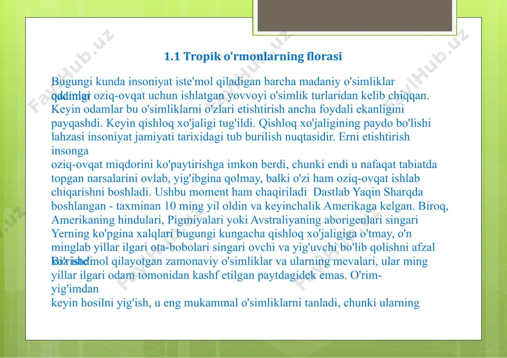 un unga yerning deyarli barcha qishloq xo'jaligi mintaqalari-amerika,afrika va evroosiyoda sayohat qilish kerak edi. ekspeditsiyalar davomida vavilov madaniy o'simliklarning eng boy kollektsiyasini yig'di, ular o'rtasida oilaviy aloqalarni topdi, ilgari noma'lum bo'lgan, ammo naslchilik uchun mumkin bo'lgan ushbu ekinlarning genetik xususiyatlari. afsuski, bu kashfiyotlarning barchasini amalga oshirish yoki qishloq xo'jaligi mahsuldorligini rivojlantirish imkonsiz bo'lgan genetika fani sovet ittifoqida yolg'on va g'oyaviy dushman sifatida tan olingan. u tirik mavjudotlarning, shu jumladan odamlarning xususiyatlari irsiyatni belgilaydi, deb ta'kidladi, chunki bu kommunistik rejim tomonidan ilgari surilgan universal tenglik g'oyalariga ziddir. n.i. vavilov, o'sha davrdagi boshqa ko'plab sovet olimlari singari, 1940 yilda qatag'on qilingan va 1943 yilda qamoqda vafot etgan. tadqiqot davomida n.i. vavilov, madaniy o'simliklarning kelib chiqishining 7 ta asosiy geografik markazlari aniqlandi. 1.janubiy osiyo tropik markazi (madaniy o'simlik turlarining umumiy sonining taxminan 33%).(bodring, limon, jut, mango, guruch, banan, kokos yong'og'i, qora murch) 2.sharqiy osiyo markazi (madaniy o'simliklarning 20%). (tariq, soya, turp, yong'oq, mandarin, …