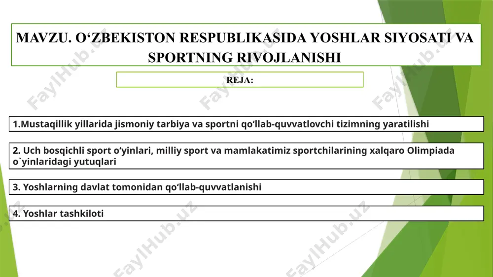 ytishga muvaffaq bo‘ldilar o‘zbekistonda futbolni rivojlantirish to‘g‘risida 1993-yildagi, 1996, 2006-yillardagi o‘zbekiston respublikasi prezidentining qarorlari muhim ahamiyatga ega bo‘lgan ravshan ermatov o‘zbekiston futbol federatsiyasining xalqaro toifadagi hakami, 2003-yildan fifa hakami statusini olgan. 2008, 2009, 2010, 2011 va 2014-yillarda besh marotaba osiyoning eng yaxshi hakami deb e’tirof etildi. xalqaro futbol uyushmalari federatsiyasi uni 2011-yilda «dunyoning eng yaxshi hakami» sifatida tan oldi ravshan ermatov prezident farmonlariga muvofiq 2010-yili «o‘zbekiston iftixori» faxriy unvoni, 2014-yilda «el-yurt hurmati» ordeni, shuningdek, 2015-yilda «buyuk xizmatlari uchun» ordeni bilan mukofotlandi o‘zbekiston futbol terma jamoasi xalqaro turnirlarda to`rt marta bosh mukofotni qo‘lga kiritgan. birinchisi, 1994-yilgi osiyo o‘yinlarida olimpiya terma jamoasi, 2012-yil 17 yoshgacha bo‘lgan o‘smirlar osiyo chempionati g‘olibi, 2018-yilda 23 yoshgacha bo‘lgan olimpiya terma jamoasi osiyo chempioni unvoniga, 2023-yilda u-20 osiyo chempioni unvoniga sazavor bo‘ldi 1991-yil noyabrda «o‘zbekiston respublikasida yoshlarga oid davlat siyosatining asoslari to‘g‘risida»gi qonun qabul qilindi. 1997-yil «umid» jamg‘armasi tashkil etildi istiqlol yillarida yoshlarning har tomonlama yetuk, barkamol …