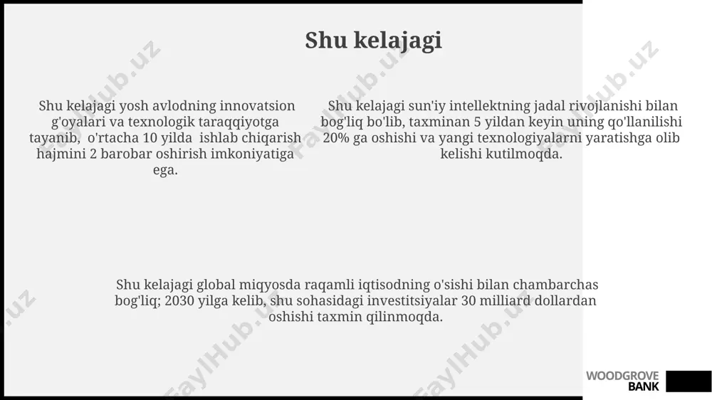 shu tushunchasi 3 ta asosiy xususiyatga ega: o'zgarmaslik, aniqlik va mantiqiylik, bu esa uni dasturlashda o'zgaruvchilardan farqlaydi. shu ikkilik mantiqiy amallarni (masalan, and, or, xor) bajarishda ishlatilishi mumkin, bu esa uni kompyuter logikasi uchun asosiy elementga aylantiradi. woodgrove bank e'tiboringiz uchun rahmat @taqdimot_robot woodgrove bank