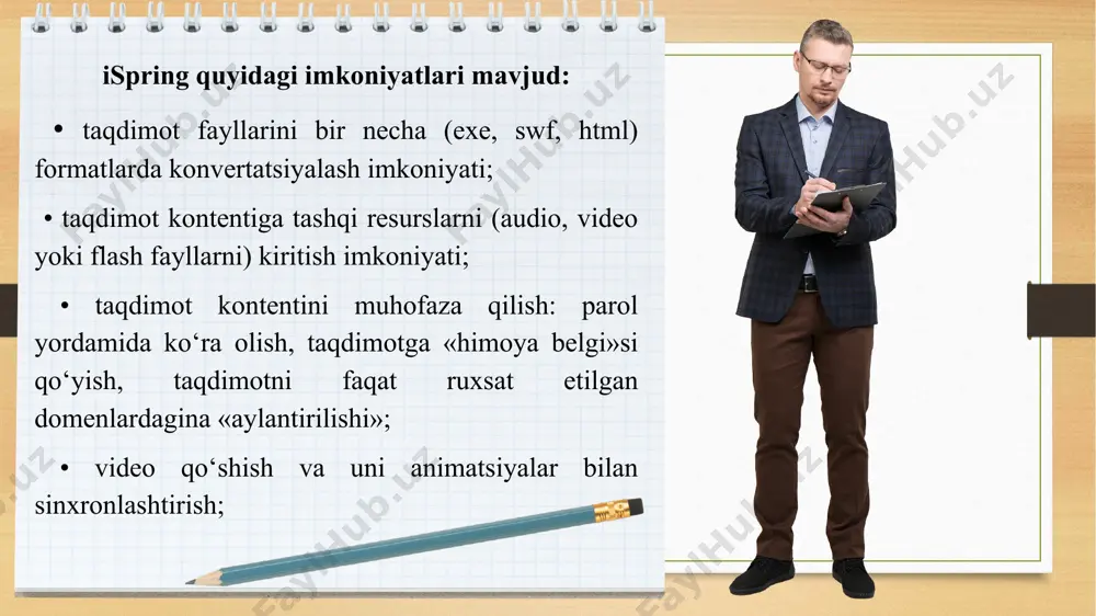 ishish yo’llari yaratish o’quv materiallarini taqdim etish usullarini ishlab chiqish o’qitish metodlarini ishlab chiqish o’quv topshiriqlarining turlarini aniqlash muhokamalar uchun savollar tuzish munozara va bahslarni tashkil etish yo’llarini yaratish o’zaro aloqa usullari va kommunikatsiya kabi omillarni aniqlash an’anaviy va masofaviy ta’limni qiyosiy tahlili an’anaviy ta’lim masofaviy ta’lim yangi avlodga bilim va tajriba berish o’quvchilarning shaxsiy barkamolligini ta’minlash va rivojlantirish o’quvchilarni hayotga tayyorlash qiyinchiliklarsiz yashashga o’rgatish hozirgidan kelgusida yaxshi bo’lishga tayyorlash doimiy o’zgarish jarayonida yashashga o’rgatish ta’lim maqsadi – bilim olish ta’lim maqsadi – o’zini rivojlantirish, barkamollilik o’quvchilar maqsadini tayyor holda oladilar o’zining huquqiy maqsadlarini qo’yishi va unga erishish yo’llarini tanlash o’quvchilar nazorat turlaridan qochadilar ob’ektiv va o’z vaqtda nazoratga intilish o’quv muassasalari o’zaro o’xshash har bir o’quv muassasasi yuksalish sari intiladi. aniq o’qituvchi o’qituvchi tanlash imkoniyati elektron universitetlar bu internetdan foydalangan holda ta’limning yangi texnologiyasi va shakli https://www.intuit.ru/ https://www.udemy.com/ https://www.udacity.com/ multimedia tushunchasi 90-yillar boshida hayotimizga kirib kelgan texnologiya bo’lib, uning …