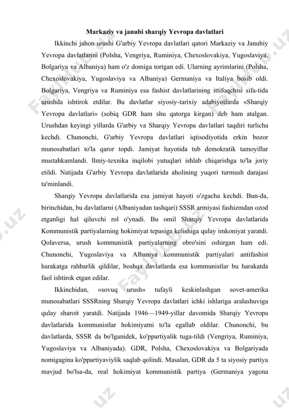 atlarda, sssr da bo'lganidek, ko'ppartiyalik tuga-tildi (vengriya, ruminiya, yugoslaviya va albaniyada). gdr, polsha, chexoslovakiya va bolgariyada nomigagina ko'ppartiyaviylik saqlab qolindi. masalan, gdr da 5 ta siyosiy partiya mavjud bo'lsa-da, real hokimiyat kommunistik partiya (germaniya yagona sotsialistik partiyasi — gyasp) qo'lida edi. boshqa 4 siyosiy partiya gyasp ning yetakchi, rahbar siyosiy kuch ekanligini tan olishga majbur etilgan edi. xitoy xalq respublikasi ikkinchi jahon urushi tugashi arafasida xitoyda amalda 3 ta hokimiyat bor edi. bular — 1) xitoy-dagi yaponiya ma'muriyati; 2) mamlakat shimoli va shimoli-sharqida qaror topgan xitoy kom-munistik partiyasi (xkp) boshchiligidagi hokimiyat; 3) mamlakat janubi-g'arbidagi chan kayshi hukumati (gomindan hukumati). yaponiya tor-mor etilgach, uning xitoydagi ma'muriyati ham quladi. 1946-yilning yozida gomindan armiyasi xkp armiyasi egallab turgan hududga hujum qildi. shu tariqa fuqarolar urushi boshlandi. bu urush 1949-yilning kuzigacha davom etdi. nihoyat, urushda gomindan armiyasi yengildi. uning qolgan qismi chan kayshi boshchiligida tayvan orolida (aqsh panohida) joylashib oldi. xkp hokimiyatni to'la egallagach, …
