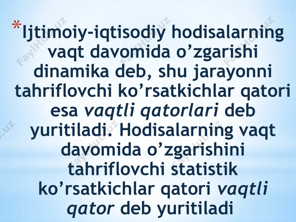 alangan to’g’ri chiziqning atrofida izlanayotgan hodisaning o’zgarayotgan xaqiqiy darajasini ifodalaydi: yt = ft + εt bu funktsiyaning mazmuni shundaki, trendning qiymatlari vaqtning ayrim momentlarida dinamik qatorning matematik kutilishi bo’ladi. dis’ersiya tendentsiyasi qatorning em’irik darajalari va determinallangan kom’onentasi o’rtasidagi farqni o’zgarish tendentsiyasini xarakterlaydi e’tiboringiz uchun rahmat image1.png image2.png