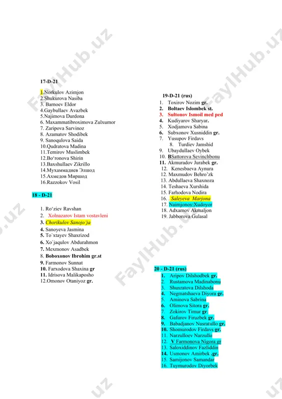 ulov shamshod vos 15. tog`ayev ro`ziboy vos 17-d-21 1.norkulov azimjon 2.shukurova nasiba 3. barnoev eldor 4.gaybullaev avazbek 5.najimova durdona 6. maxammatibroximova zulxumor 7. zaripova sarvinoz 8. azamatov shodibek 9. sanoqulova saida 10.qudratova madina 11.temirov muslimbek 12.bo‘ronova shirin 13.baxshullaev zikrillo 14.мухаммадиев элшод 15.ахмедов миршод 16.razzokov vosil 18 - d-21 1. ro‘ziev ravshan 2. xolnazarov istam vostavleni 3. chorikulov sanojo‘ja 4. sanoyeva jasmina 5. to`xtayev shaxrizod 6. xo`jaqulov abdurahmon 7. mexmonov asadbek 8. boboxonov ibrohim gr.st 9. farmonov sunnat 10. farxodova shaxina gr 11. idrisova malikaposho 12.omonov otaniyoz gr. 19-d-21 (rus) 1. toxirov nozim gr. 1. boltaev islombek st. 1. sultonov ismoil med ped 1. kudiyarov sharyar. 1. xodjamova sabina 1. subxonov xusniddin gr. 1. yusupov firdavs 1. turdiev jamshid 1. ubaydullaev oybek 1. bsattorova sevinchbonu 1. akmuradov jurabek gr. 1. kenesbaeva aynura 12. maxmudov behro’zk 13. abdullaeva shaxnoza 14. teshaeva xurshida 15. farhodova nodira 16. . saleyeva marjona 17. naimjonov xudoyor …