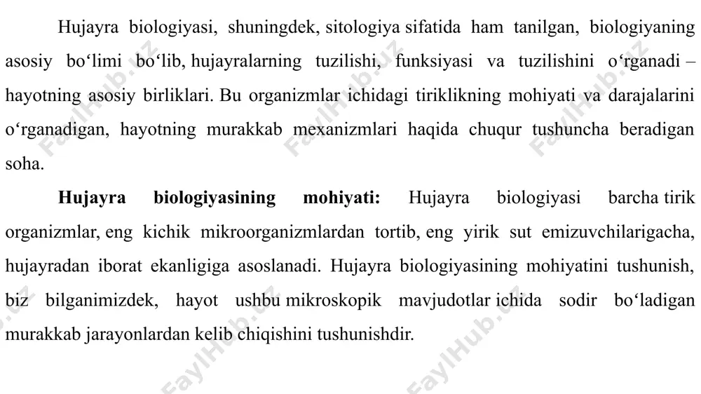 i ishlarini oʻrganadi. toʻqimalar darajasi: shunga oʻxshash turdagi hujayralar koʻpincha toʻqimalarni hosil qilish uchun birlashadi. toʻqimalar maʼlum funksiyalarni bajarish uchun birgalikda ishlaydigan hujayralar guruhidir. toʻqimalarga misol qilib mushak to'qimalari, asab to'qimalari va epiteliy to'qimalari kiradi. toʻqimalarning biologiyasini tushunish organizmning turli qismlari oʻziga xos rollarini qanday bajarishini tushunishga yordam beradi. organ darajasi: organlar bir nechta toʻqimalardan iborat va murakkabroq funksiyalarni bajarish uchun birgalikda ishlaydi. masalan, yurak, yurak mushak toʻqimalari, qon tomirlari va boshqa tarkibiy qismlardan tashkil topgan organdir. organ biologiyasini oʻrganish organizmning turli qismlari umumiy salomatlikni saqlash uchun qanday muvofiqlashtirilganligini tushunishga yordam beradi. organ tizimi darajasi: tirik organizmlar organ tizimlariga birlashtirilgan bir nechta organlardan iboraturgor organ tizimlariga misollar yurak-qon tomir tizimi, nafas olish tizimi va ovqat hazm qilish tizimini oʻz ichiga oladi. har bir tizim organizmning umumiy salomatligi va faoliyatini taʼminlashda oʻziga xos rolga ega. prokariotlar eukariotlar genetik maʼlumot dnk halqasimon boʻlib, sitoplazmada joylashgan dnk chiziqli boʻlib, yadroda joylashgan organoidlar yadro …
