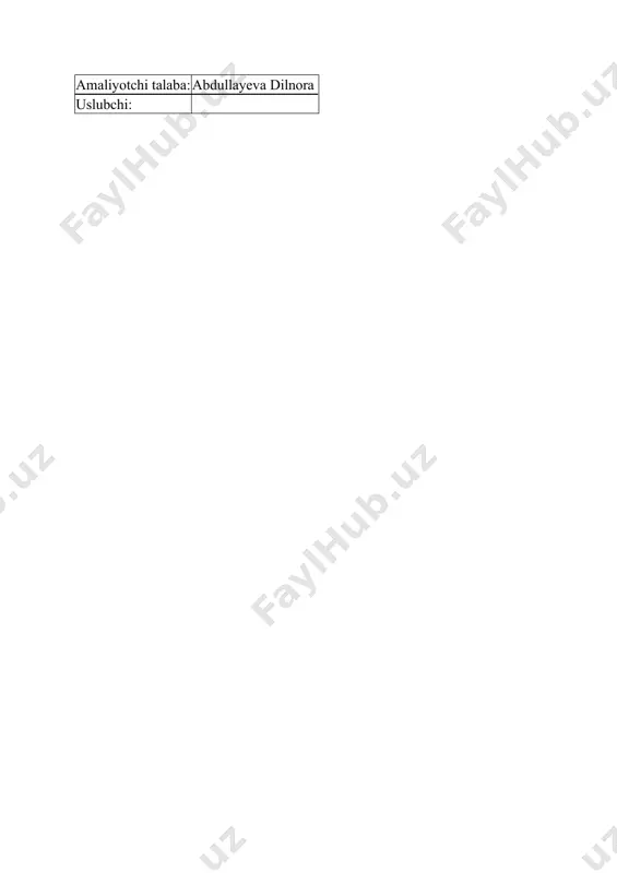 sida ochiq dars o‘tdim. darsni o‘tishda " bbb" "krossvord" kabi interfaol usullardan, tarqatma materiallar va ko'rgazmalardan unumli foydalanildi. darslarda " krossvord", "boshqotirma", "aqliy hujum", "blits-son rov", "klaster", "zanjir" kabi interfaol usullardan tashqari zamonaviy texnologiyalarda ham foydalandim. talabalar bilan ishlashda ayrim holatlarda guruhlarga ajratib, ayrim hollarda esa alohida individual shaklda darslarni tashkil qildim. har bir darsda qo'l mehnati yordamida yaratilgan ko'rgazmalar, test va rag‘bat kartochkalari, mavzuga oid slaydlar va ma'lumotlardan foydalandim. darslarni uslubchi a. niyozov , fan o‘qituvchisi: sh. tohirova kuzatib bordi. dars yakunida erishilgan yutuqlar, xato va kamchiliklar muhokama qilindi. bular xususida amaliyotchiga kerakli xulosalar berildi. litseyda amaliyot davri mobaynida o'qituvchilik faoliyati, dars o‘tish malakasi, turli xil metodlarni amalda qo'llash, o'quvchi bilan ishlash, maktab hayotida tashkiliy ishlarni qay tarzda olib borish va boshqalar xususida tajriba hosil qilishga harakat qildi. 2023-yil 30-aprel kuni soat 10:00da samarqand viloyati samarqand shahri samdu qoshidagi 1-son akademik litseyi direktori a umarov , biriktirilgan fan o' …