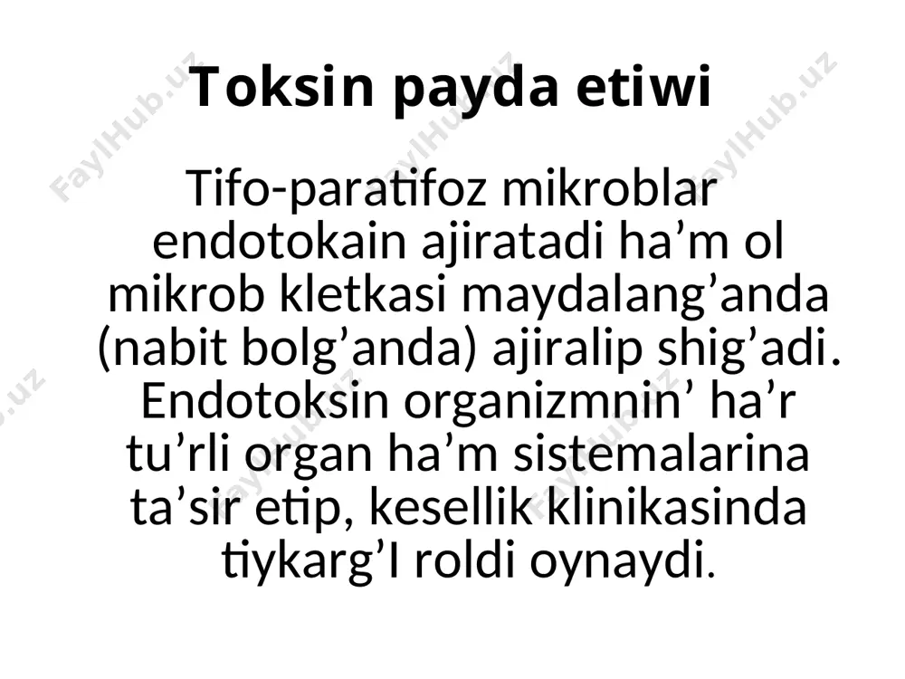 tiklene baslaydi. temperatura 36-36,2 gr tusip, apetit ashilip awqat sorap baslaydi. diurez tiklenedi. azip ketedi. 1 ayg'a deyin astenovegetativ sindromlar saqlanip qaladi. intoksikatsiya qay da'rejede ekenligine qarap: 1. jenil 2. ortasha awir 3. awir 4. juda awir kesellik dawam etiw mu'dettine qarap 1. abortiv 2. a'dettegishe 3. uzaq soziliwshi organlar ziyanlaniwina qarap: 1. pnevmotif 2. meningotif 3. nefrotif 4. kolotif 5. laringotif 1. jenil formasi- 1-2 hapte dawam etip, temp. 37.5-38 araliginda, simptomlar az, biraz darmani quriw, 1/3 nawqaslarda taspalar, kobinese jumis qabiletin jogalmagani ushin bul formada adam tif bolganinda bilmeydi. sonin ushin bul formasi " ayaqta o'tiwshi" formasi d.a. 2. ortasha awir formasi- barliq simpyomlar aniq ko'rinedi, temp. 39.-39.5 koteriledi, razeoloz taspalar nawqaslardin yariminda ushraydi. 2-3 hapte dawam etedi. 3. awir formasinda- temp.40-41 koterilip, 3-4 hapte dawam etedi, aniq simptomlar, sopor koma halati, razeoloz taspalar kopshiliginde ushraydi. (toksik forma d.a) 4. ju'da awir formasi- razeolalardan baqsa petexiyalar tasiwi. murinnan, …