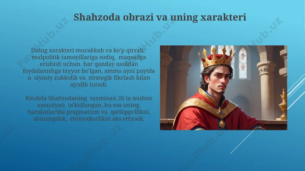 strategiyasi, siyosiy manipulyatsiya kabi masalalar zamonaviy siyosatshunoslik uchun dolzarb bo‘lib qolmoqda. nikkolo makiavelli hayoti va faoliyati макиавелли 1513-yildan keyin "davlat arbobi"ni yozishga kirishib, unda hukmdorlar uchun amaliy siyosiy maslahatlar bergan. никколо макиавелли 1469-yilda florensiyada tug'ilib, 1527-yilda vafot etgan, u o'z davrining taniqli siyosatchisi va faylasufi bo'lgan. asar yozilgan tarixiy kontekst kitobning yozilishida, rim imperiyasi va qadimgi yunon faylasuflari (ayniqsa, livy va aristotelesning) siyosiy nazariyalari sezilarli darajada ta'sir ko'rsatgan. “hukmdor” asari 1513-yilda tugallangan bo'lsa-da, cesare borgia va uning siyosiy faoliyati asarda muhim rol o'ynaydi va 1532 yilda nashr etilgan. hokimiyatni qo'lga kiritish va saqlash usullari davlatni mustahkam ushlab turish uchun machiavelli shaxsiy manfaatlarga emas, balki umumiy manfaatlarga xizmat qilish, adolatli va qat'iy hukmronlik qilishni maslahat beradi. hokimiyatni qo'lga kiritishda machiavelli 3 asosiy vositani tavsiya qiladi: zo'rlik, aldash va siyosat; shuningdek, raqiblarning 10% kuchli bo'lishini ta'kidlaydi. e'tiboringiz uchun rahmat @taqdimot_robot image1.jpg image2.jpg image3.jpg image4.jpg image5.jpg image6.jpg image7.jpg image8.jpg image9.jpg image10.jpg image11.jpg image12.jpg