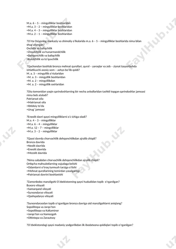 hi =odamlarni o‘troq turmush tarziga o‘tishi =mehnat qurollarining temirdan yasalganligi =patriarxat davrini boshlanishi ?zamonbobo manzilgohi o‘zbekistonning qaysi hududidan topib o‘rganilgan? buxoro viloyati =samarqand viloyati =surxondaryo viloyati =qashqadaryo viloyati ?surxondaryodan topib o‘rganilgan bronza davriga oid manzilgohlarni aniqlang? sopollitepa va jarqo‘ton =sopollitepa va kaltaminor =jarqo‘ton va namozgoh =oltintepa va zarautsoy ?o‘zbekistondagi qaysi madaniy yodgorlikdan ilk ibodatxona qoldiqlari topib o‘rganilgan? jarqo‘ton =zamonbobo =oltintepa =sopollitepa ?sopollitepa nechinchi mingyillikka oid manzilgoh hisoblanadi? m.a. 2 – mingyillikka =m.a. 1 – mingyillikka =m.a. 3 – mingyillikka =m.a. 4 – mingyillikka ?quyidagilardan qaysi biri o‘zbekiston janubidagi bronza asri dehqonlar manzilgohi hisoblanadi? sopollitepa =zarautsoy =ko‘lbuloq =zamonbobo ?zamonbobo nechinchi mingyillikka oid chorvadorlar va dehqonlarning qadimiy manzilgohi hisoblanadi? m.a. 2 – ming yillikka =m.a. 1 – ming yillikka =m.a. 3 – ming yillikka =m.a. 4 – ming yillikka ?bundan uch yarim ming yil muqaddam surxon vohasida hozirgi sheroboddan uncha uzoq bo‘lmagan joyda qaysi manzilgoh vujudga kelgan edi? jargo‘ton =zamonbobo =oltintepa =sopollitepa …