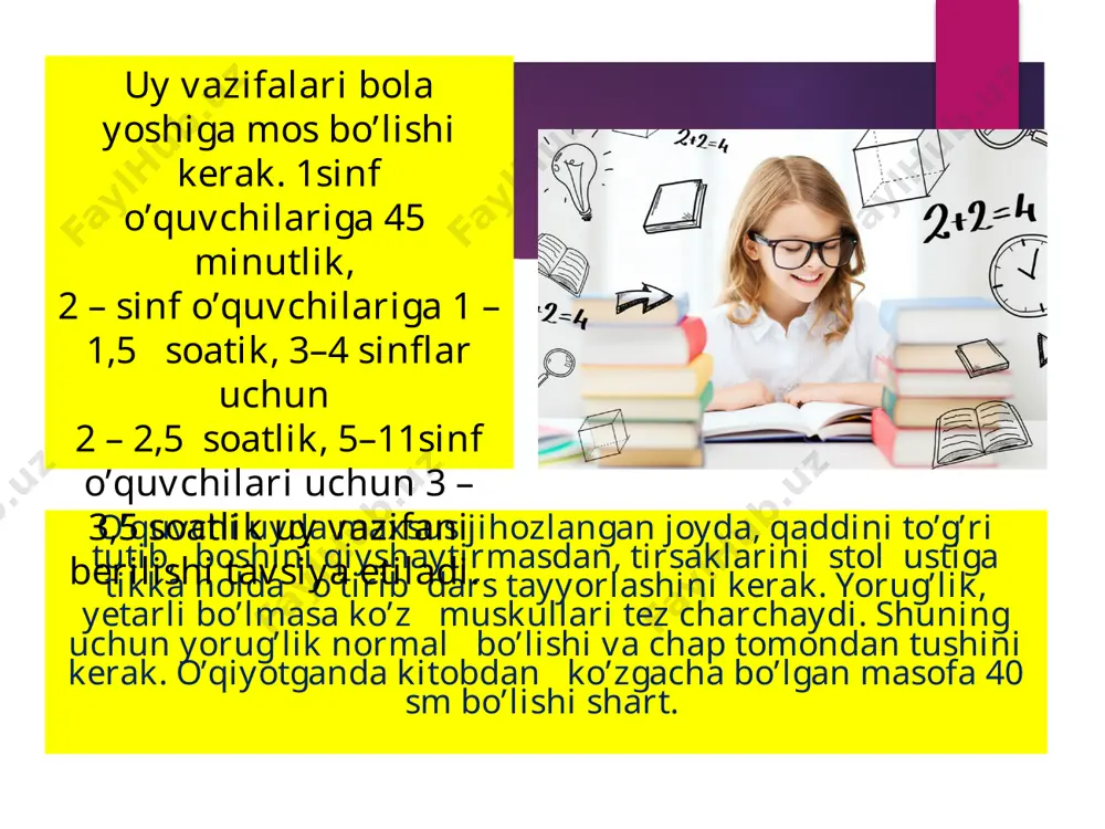 sh uchun o’qish va dam olishda gigiena talablariga mos keladigan to’g’ri rejim tavsiya qilinadi. o’quv rejiminirejalashtirishda o’quvchini yoshini hisobga olish lozim, chunki o’quv vazifalarini uyquda va ochiq havoda bo’lishning davomiligi shunga bog’liq. qattiq charchash umumiy va kasbga bog’lif kasalliklar avj olishini keltirib chiqaradigan sabablardan biri hisoblanadi. o’quvchilarda nevroz shakllanishida o’qish va dam olishni yaxshi uyushtirmaslikdan tashqari, bolada qattiq charchashga moyilligi; hissiy beqarorligi, oiladagi yoki o’qishdagi salbiy sharoit tufayli o’z his-hayajonlarini yaxshi nazorat qila bilmasligi. gigiena talabiga asosan tuzilgan kun tartibi bolalar va o’smirlar organizmida sog’lom bo’lishiga ularni ish qobiliyatining yuqori darajada taraqqiy qilishiga va nihoyat o’zlashtirishning yaxshilanishiga imkon beradi. aksincha, kun tartibini noto’g’ri tashkil qilish yoki unga mutloq rioya qilmaslik organizmni tez charchab qolishiga uni sog’ligining zaiflashib qolishiga va o’zlashtirishning pasayishiga sabab bo’ladi. fiziotermik ko’rsatkichlar – o’pkada tiriklik sig’imi, qo’l va bel muskullarda kuchini aniqlash. ta’lim-tarbiya jarayonida bolalarda jismoniy chiniqqanligini, ruhiy holatlarini hisobga olgan holda mashg’ulotlar olib boriladi. bolalarda jismoniy …