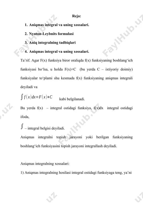 hisoblash uchun ni ga almashtirishingiz va o’rniga qo’yib yozishingiz kerak: aniq integralning asosiy xossalari. 1-xossa: bir nechta funksiyalar algebraik yig‘indisining aniq integrali qo‘shiluvchilar aniq integrallarining yig‘indisiga teng: 2-xossa: o‘zgarmas ko‘paytuvchini aniq integral belgisidan tashqariga chiqarish mumkin: 3-xossa: agar [a, b] kesmada funksiya o‘z ishorasini o‘zgartirmasa, u holda aniq integralning ishorasi funksiya ishorasi bilan bir xil bo‘ladi, ya’ni a) agar [a, b] kesmada f(x)0 bo‘lsa, u holda ; b) agar [a, b] kesmada f(x)dx0 bo‘lsa, u holda . 3.nyuton-leybnits formulasi. aniq integrallarni integral yig‘indining limiti sifatida bevosita hisoblash ko‘p hollarda juda qiyin, uzoq hisoblashlarni talab qiladi va amalda juda kam qo‘llaniladi. integrallarni topish formulasi nyuton-leybnits teoremasi bilan beriladi. teorema: agar f(x) funksiya f(x) funksiyaning [a; b] kesmadagi boshlang‘ich funksiyasi bo‘lsa, u holda aniq integral boshlang‘ich funksiyaning integrallash oralig‘idagi orttirmasiga teng, ya’ni: bu tenglik aniq integralni hisoblashning asosiy formulasi (nyuton-leybnits formulasi) deyiladi. 1) figuralar yuzlarini dekart koordinatalar sistemasida hisoblash a) avvalgi o’tilgan …