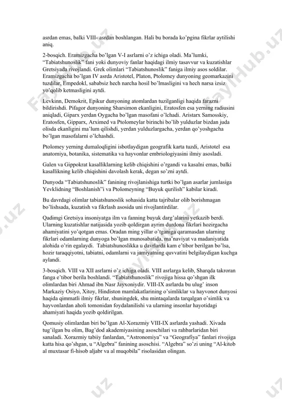 i: tabiatshunoslik tabiat hodisalarini o’zaro bog’lanishda va rivojlanishda o’rganishga imkon beradi. tabiatshunoslik pedagogikada qo’llaniladigan tadqiqot metodlaridan foydalanadi. tabiatshunoslik o’qitish jarayonini kuzatadi, kuzatilgan jarayonlarni tahlil qiladi va taqqoslaydi, hodisalar o’rtasidagi qonuniy bog’lanishlarni aniqlaydi, xulosa va umumlashtirishning to’g’riligini amalda tekshiradi va buning natijasida tabiatshunoslikni o’qitish usul va uslublarini belgilaydi. kuzatish va tajriba tabiatshunoslikni o’qitish metodikasi sohasidagi eng muhim metodlardir. tabiatshunoslik - didaktika bilan bog’langan. o’quv materialini tanlash va uni sinflar bo’yicha taqsimlashga bo’lgan talablar didaktika bilan izohlanadi, ular xususiy metodik masalalarni hal qilishda, o’qitish metodlarini tanlashda, shuningdek o’quvchilarning o’quv faoliyatlarini har xil ko’rinish va shakllarda tashkil qilishda ham yetakchidir. metodik uslublarni faqat har bir o’quvchi psixologiyasini, yoshi va rivojlanish xususiyatlarini hisobga olgan holdagina to’g’ri tanlash mumkin. tabiatshunoslik shuningdek, botanika, seleksiya, fiziologiya, anatomiya, gigiena, zoologiya, geografiya, agrotexnika, meteorologiya, mantiq va psixologiya kabi fanlar bilan chambarchas bog’liqdir. shaxsning kamol topishi va rivojlanishi uning ayrim ishlarni, munosabatni, xarakterni o’z ichiga olgan faoliyat jarayonida boradi. bunda …