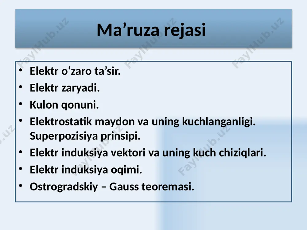 taviy zaryadning maydon kuchlanganligi chiziqlari radial chiziqlardan iboratdir. musbat zaryad uchun kuch chiziqlari yo‘nalishli zaryaddan chiqqan bo‘ladi. manfiy zaryad uchun esa, kuch chiziqlari yo‘nalishi zaryadga yo‘nalgan bo‘ladi. musbat va manfiy zaryadlar musbat zaryadlar 13 14 maydonning barcha nuqtalarida kuchlanganlik bir xil bo‘lsa ekektr maydon birjinsli deb ataladi. 15 elektr maydonlarining superpozisiya prinsipi. zaryadlar tizimining maydonning berilgan nuqtasidagi kuchlanganligi har bir zaryadning alohida kuchlanganliklarining vektor yig‘indisiga tengdir. +q +q  -q 16 elektr maydon kuchlanganligi vektorining oqimi. ds yuzani tik yo‘nalishda kesib o‘tuvchi dфе kuch chiziqlari soni elektr maydoni kuchlanganligi vektorining oqimini belgilaydi: en= е cos α - е vektorning ds yuza normali yo‘nalishiga proeksiyasidir s sirtning har xil qismlarida oqimning ishorasi va kattaligi o‘zgaradi: 1) α 0, 2) α > π/2 bo‘lganda dфе /2 ap ' e þ = 0 e q eds þ = 0 2 e p q rl e 0 2 e t p l rl e …