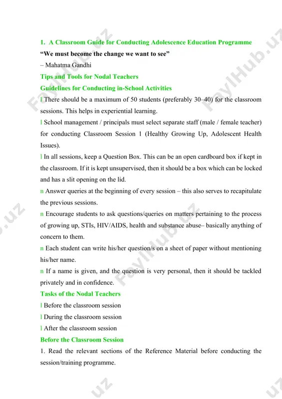 the teachers’ workbook in the classroom/workshops. 2. use open-ended questions to evaluate students’ knowledge, attitudes and skills in different subjects (hiv/aids, sti, addictive drugs, healthissues etc.). adjust lessons to the learning needs of the students by building on what the students know or by starting from what they don’t know. the aim is not to merely memorise new information; it has to be internalised by students. 3. remember that students in the classroom have different experiences. their level of awareness may vary depending upon their socio-cultural background, interaction with friends, parents, teachers and exposure to print and electronic media. your language and attitude should not be judgemental, as this would make some students feel excluded, and therefore, uninterested. 4. rapport with students is critical. l students should not be made to feel uncomfortable. do not go in front of anyone and force him/her to talk. l try not to get …