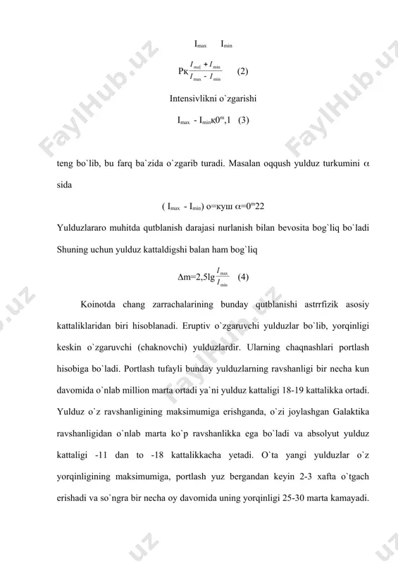 ga tegishli yulduzlarning spektrida vodorod, geliy, azot va boshqa elementlarning yutilish va nurlanish chiziqlari paydo bo`ladi. simbiotik yulduzlar. planetar tumanlikning boshlang`ich harakati deb karash mumkin bo`lgan jismlar ham kuzatiladi. bularga olinbiotik yulduz deb ataladi. u simbioz birgalarga yashash degani . bunday yulduz spektrida bir vaqtning o`zida temperaturani nurlanishning belgilari ham yuqori temperaturali nurlanishning belgilari ham kuzatiladi. hozir bundan yulduzlarning soni 20 atrofida .ularning hammasi quyosh yulduzlari. masalan z -andromeda . o`ta yangi yulduzning chaqnashi yangi yulduzga nisbatan ulkan masshtabda sodir bo`ladi. biron bir masshtabda o`ta yangi yulduz paydo bo`lishi kuzatilsa uning yaraqlashi bu yulduzlar sitemasining yaraqlashi bilan bir xil tartibda bo`ladi. 1885 yil andromeda tumanoligi markazida chaqnagan o`ta yangi yulduzning yaraqlashi 6 minutga yetdi. tumanlikning yaraqlashi 4, 4 minutga yetdi. kuzatilganlarning ikkim holida o`ta yangi yulduz yaraqlashi o`zi paydo bo`lgan gaolaktikaning umumiy yaraqlashidan kattaligi kuzatilgan .o`ta yagngi yulduzlar maksimumdagi absolyut kataligi 15 minutga teng, ya`ni yangi yulduz yaraqlashi maksimumidagi absolyut …