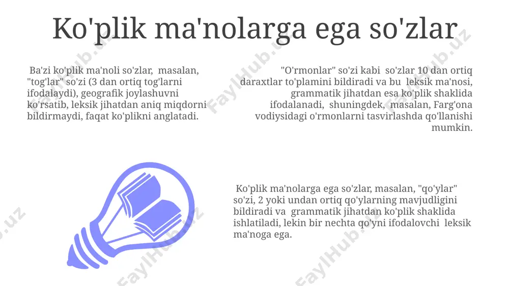 "uy" so'zi ot bo'lib, birlik yoki ko'plikda kelishi mumkin, ikkita (ko'plik va birlik) grammatik shakllarga ega va gapda turli sintaktik vazifalarni (ega, to'ldiruvchi) bajaradi. bu uning grammatik xususiyatlarini aks ettiradi. so'zning grammatik ma'nosi uning gapdagi o'rniga, ya'ni so'z turkumiga (ot, sifat, fe'l va hokazo), 12 ta asosiy va 5 ta qo'shimcha morfologik xususiyatlarga, masalan, kelishik, son, zamon kabi kategoriyalarga bog'liq bo'lib, bu xususiyatlar so'zning sintaktik funksiyasini aniqlaydi. so'zning grammatik ma'nosi, jumladan, fe'llarning zamon, mayl, shaxs kategoriyalari orqali 3 ta asosiy vaqt (o'tgan, hozirgi, kelasi) va 4 ta mayl (aniq, shart, buyruq, istak) shakllarini ifodalaydi. bular so'zning grammatik funksiyasini belgilaydi. so'z ma'nolarining o'zgarishi so'z ma'nolarining torayishi yoki kengayishi toshkent shahrida o'tkazilgan tadqiqotlarga ko'ra, so'zning semantik maydonining 10-20% ga o'zgarishini keltirib chiqarishi mumkin. zamonaviy o'zbek tilida 20 dan ortiq so'z ma'nosi ko'chishi (metafora, metonimiya) yo'llari mavjud bo'lib, ularning 5 tasi obrazli taqqoslashlar orqali, qolganlari esa boshqa me'yoriy til hodisalari orqali shakllangan. so'z …
