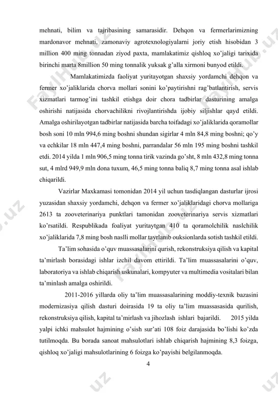 lohida ta’kidlashni o’rinli deb bilaman. to’rtinchidan. korporativ boshqaruv tizimidagi prinsip va yondashuvlarni tubdan o’zgartirish, ishlab chiqarish, tashqi iqtisodiy va investisiya jarayonlariga zamonaviy xalqaro korporativ menejment standartlarini joriy etish jiddiy e’tiborni talab qiladi. beshinchidan. ishlab chiqarishni mahalliylashtirishni chuqurlashtirish va tarmoqlararo sanoat kooperasiyasini kengaytirish iqtisodiy o’sish va iqtisodiyotni tarkibiy jihatdan o’zgartirishningeng muhim manbai va omilidir. oltinchidan. rivojlangan infratuzilmani tashkil etmasdan, birinchi navbatda, axborot-kommunikasiya tizimi, yo’l-transport va muhandislikkommunikasiya qurilishini taraqqiy ettirmasdan turib, iqtisodiyotimizni tarkibiy jihatdan o’zgartirishga erishish mumkin emas. aholi farovonligi va turmush darajasini muttasil oshirish bilan bog’liq masalalar doimo e’tiborimiz markazida bo’lib kelgan va shunday bo’lib qoladi. 2015 yilga mamlakatimizda keksalarni e’zozlash yili, deb nom berganimiz zamirida ham mohiyat e’tibori bilan ana shunday ezgu maqsadlar mujassam ekani, o’ylaymanki, barchamizga yaxshi ma’lum.bugungi tinch va obod hayotimizni barpo etishga beqiyos xizmatlari singgan, xonadonlarimizning fayzi bo’lgan mo’tabar keksalarimizning farovon va munosib umr kechirishlari uchun keng ko’lamli chora-tadbirlarni amalga oshirish barchamizning nafaqat vazifamiz, balki insoniy burchimizdir. …