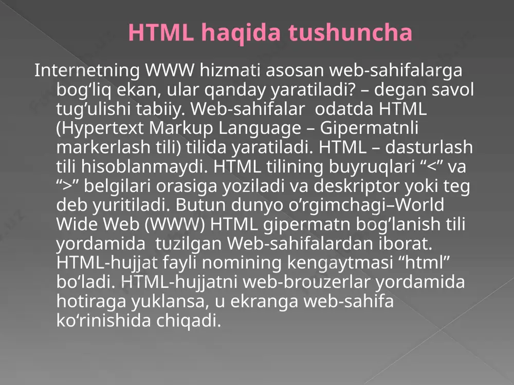 adi internet explorerda mazkur fayl ochilganda uning web-sahifa ko’rinishi quyidagicha bo’ladi: web-sahifaga nom kiritish uchun diskreptori qo'llaniladi. ochuvchi va yopuvchi title orasida kiritilgan axborot siz yaratayotgan hujjat nomini anglatadi. bu teg ochuvchi teg va yopuvchi teg /head> orasida yoziladi. web-sahifada bu diskreptor bir marta ishlaiiladi, web-sahifa nomi web-brauzerning sarlavha satrida aks etib, web-sahifaning o'zida ko'rinmaydi. shu sababli uni web-sahifaning istal-gan joyiga yozish mumkin. ammo web-sahifa nomini web-sahita boshiga yozish maqsadga muvofiq. web-sahifa nomi diskreptori bilan yakunlanadi. web-sahifaga istagan nom, masalan. o'z ismingizni berishingiz mumkin. web-sahifaga matn kiritish 1. sarlovhalarni belgilash. web-sahifada sarlavha web-sahifada sarlavha web-sahifada sarlavha web-sahifada sarlavha web-sahifada sarlavha web-sahifada sarlavha web-sahifada abzas. web-sahifada abzaslami belgilash uchun deskriptori ishlatiladi. bu descriptor abzas boshlanishida yoziladi va o'zidan keyin yozilgan marndan oldin bo'sh satr qoldiradi. descriptor opilishi shart bo'imagan deskriptoriar sirasiga kiradi. ya'ni abzas deskriptor bilan yakunlanmaydi. web-sahifada yangi satrga o’tish. matnda yangi satrgao'tish uchun deskri ptoridan loydalaniladi.bu dcskriptomi matnda bo'sh …