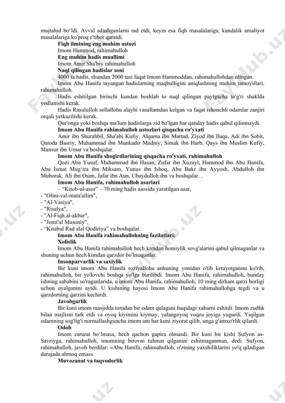 erdi. raqiblari-dushmanlariga shafqatsiz bo'lgan xorijiylar diniy qotillik - istirod g'oyasini e'lon qildilar. ularning ta'limotiga ko'ra, har bir musulmon "katta gunohkor" kofir (kofir) deb tan olingan, taqiqlangan va o'ldirilishi mumkin edi. amalda, xorijiylar nazarida "katta gunohkorlar" ularning siyosiy raqiblari, ularning oqimiga qo'shilmagan har bir kishi edi. shu bilan birga, xorijiylar sunniy va shialarni kufrda (kufrda) aybladilar. ular islom nomini olgan dindoshlariga hujum qilishdi, talon-taroj qilishdi va o'ldirishdi. fitna va ummatning (musulmon jamoalarining) bo'linishi boshlandi. bugun esa 21-asrda suriya va iroqda boʻlinish, tartibsizliklar va shunga oʻxshash mazhabga oid qurolli guruhlar boshqa musulmonlarni kufrda (takfirda) ayblayotganiga guvoh boʻlamiz. bunday guruhlar bugungi kunda takfirchilar deb ataladi (boshqa dindorlarni kufrda ayblash, musulmonlarni o‘ldirish va talon-taroj qilishga ruxsat berish), ular ham xuddi xorijiylar kabi terrorga aylanib ketadigan radikal oqimdir. abu hanifa 745 yilda bir guruh xorijiylar kufa shahriga bostirib kirganlarida mazhabchilar bilan shaxsan uchrashgan. mazhabchilarga qarshilik abu hanifa uchun eng muhimi edi. ularga qarshi turish uchun …