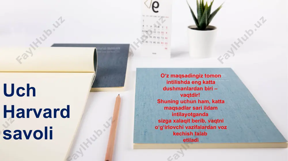 bo‘lardim? bunday yondashuvni amalda sinab ko‘rish uchun barcha ishlar va yig‘ilishlar ro‘yxatini tuzish va quyidagi uchta savolga javob berish kifoyadir uch harvard savoli ? maqsaddan chetga og‘ish muvaffaqiyatsizlikka olib keladi. maqsadga erishishning asosi, baribir, harakatda. uch harvard savoli muqobil variantlarni topish u orqali esa kundalik rejalarni amalga oshirishga to‘sqinlik qiluvchi omillarni bartaraf etish ahamiyatsiz vazifalarni aniqlash, ishlarni bajarishning eng samarali usullarini topish uch harvard savoli shu bilan bir qatorda, inson o‘z maqsadini “moddiylashtirishi” ham uni amalga oshirishga xizmat qilishi mumkin uch harvard savoli moddiylashtirishni” anglab yetish uchun quyidagi hikoyaga e’tibor qaratish kerak. sug‘urtachi hikoyasi bu voqea o‘tgan asrning 80-yillarida aqshda ro‘y bergan. robert parker ismli bir sug‘urtachi vashington shahrida turmush o‘rtog‘i bilan ijarada istiqomat qilar edi. robertning maoshi kam bo‘lishiga qaramasdan, katta orzular qilishni yaxshi ko‘rardi. u har kun tongda uyg‘onishi bilan ko‘zgu yoniga kelib, qizil rangdagi “ferrari” rusumli mashina rasmiga termular va kelajakda, albatta, unga egalik qilishiga ishonar edi. …