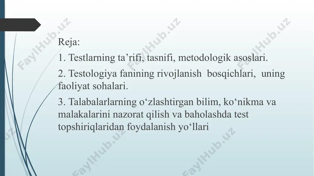 asi. test topshiriqlari talabalar tomonidan to‘g‘ri javobni topish jarayonida muayyan bilish qiyinchiliklarini his etishi, muammoni hal etish maqsadida aqliy operatsiyalar: tahlil, sintez, qiyoslash, umumlashtirish va xulosa yasash kabilarni bajarishi orqali ularda barkamollikka zamin tayyorlaydigan sifatlar: iroda, ongli intizom, muayyan o‘quv muammolarini hal etishga safarbarlik, chidamlilik, sabr-toqat, yutuqlarga erishish uchun bilimi va kuchini sarf etishi orqali shaxs sifatida rivojlanishiga imkoniyat yaratadi. test topshiriqlarining rivojlantiruvchi funksiyasi. test topshiriqlari talabalarining egallagan bilim, ko‘nikma va malakalarini mustahkamlash, rivojlantirish, erishilgan natijalarda o‘zining ulushi muhim o‘rin tutishini e’tiborga olgan holda shaxs va kelgusi faoliyatidagi ma’suliyatini anglagan holda o‘z-o‘zini rivojlantirishga undaydi. test topshiriqlari didaktik material sifatida quyidagi talablarga javob berishi lozim: 1. har bir test topshirig‘i tegishli ta’lim turi bo‘yicha o‘quv rejadan o‘rin olgan o‘quv kurslari bo‘yicha davlat ta’lim standarti va o‘quv dasturi asosida tuzilishi shart. integrativ testlar ham o‘zaro uzviy bog‘langan aloqador fanlar davlat ta’lim standarti va o‘quv dasturi mazmunidan kelib chiqqan holda tuzilishi maqsadga muvofiq. …