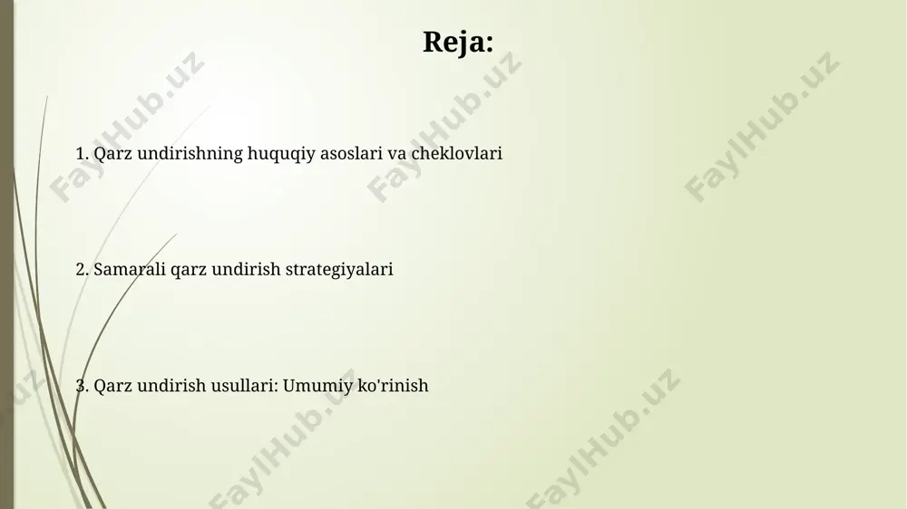 50-moddasiga muvofiq da'vo arizasi orqali amalga oshiriladi. sud, qarz miqdori va shartnoma shartlarini inobatga olib, qarzdorni 30 kun ichida to'lashga majbur qilishi mumkin. agar sud qarzdorning foydasiga qaror chiqarsa, qarzdor sudda qilingan barcha xarajatlarni, jumladan, advokat to'lovlarini, 500 000 so'mgacha bo'lgan miqdorda undirib olishi mumkin. undirish jarayonining bosqichlari jarayonning 3-bosqichida, agar qarzdor qarzni to'lamasa, 15 kundan so'ng mol-mulk xatlab olinadi. keyin, mol-mulk sud ijrochilari tomonidan 30 kun ichida sotiladi. undirish jarayonining 2-bosqichi, qarzdorning mol-mulki aniqlanadi. 10 kun ichida qarzdorning bank hisob raqamlari, ko'char va ko'chmas mulki haqida ma'lumotlar so'raladi. e'tiboringiz uchun rahmat @taqdimot_robot image1.jpg image2.jpg image3.jpg image4.jpg image5.jpg image6.jpg image7.jpg