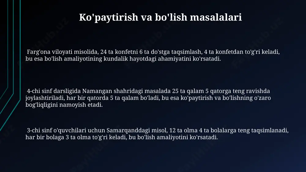 asrlarni soddalashtirishni o'rganadilar, masalan, 6/8 kasrini 3/4 ga soddalashtirish kabi. bu esa kasrlarning teng qiymatlarini tushunishni talab qiladi. qo'shish va ayirish masalalari 3-sinf o'quvchisi samarqanddagi maktabda qo'shish va ayirish amallarini bajarishda ikki xonali sonlarni (masalan, 25 + 37) qo'shish va ayirishda o'nlik uzatish usulini o'rganadi. 4-sinfda toshkent shahridagi bolalar 1000 gacha bo'lgan sonlar bilan murakkab qo'shish va ayirish misollarini, masalan, 678 - 245 kabi misollarni yecha oladilar. qo'shish va ayirish masalalarini yechishda, farg'ona viloyatidan bo'lgan o'quvchilar, 543 + 289 = 832 kabi misollarni yozma hisoblash usullarini qo'llaydilar va natijani tekshirishadi. e'tiboringiz uchun rahmat @taqdimot_robot