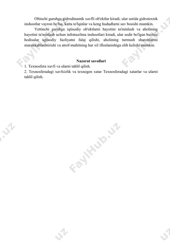sionar ko'tarish mexanizmlari, eskalatorlar, teleferiklar, funikulyarlardan foydalaniladi. 4. ushbu eritmalar asosida qora va rangli metallarning eritmalari va qotishmalar olingan. 5. kon qazib chiqarish, foydali qazilmalarni qayta ishlash va yer osti ishlari olib borilmoqda. shu bilan birga, xavfli ishlab chiqarish ob'ektlarining yuqoridagi ro'yxati ularning to'liq tarkibini tugatmaydi. bunga, masalan, transport tizimlari, radiatsion xavfli va biologik xavfli inshootlar, gidrodinamik xavfli ob'ektlar, sanoat ob'ektlari va aholi hayotini ta'minlash tizimlari va boshqalar kiritilmagan. potentsial xavfli ob'ektlarni yanada to'liqroq va maqbulroq tasnifi, ularni yuzaga kelishi mumkin bo'lgan favqulodda vaziyatlarning xususiyatlariga qarab, ularni yetti guruhga bo'lish, ularni tasniflashdir. birinchi guruh transport tizimlarini o'z ichiga oladi - temir yo'l, avtomobil transporti, aviatsiya, dengiz, daryo, kosmik transport va quvur liniyalari, bu erda avariyalar, birinchi navbatda, odamlarning qurbon bo'lishi va moddiy zarar bilan birga transport vositalarining yo'q qilinishi bilan bog'liq. ikkinchi guruhga ular ishlab chiqariladigan va saqlanadigan yong'in va portlash uchun xavfli ob'ektlar kiradi. portlovchi moddalar va ma'lum sharoitlarda …