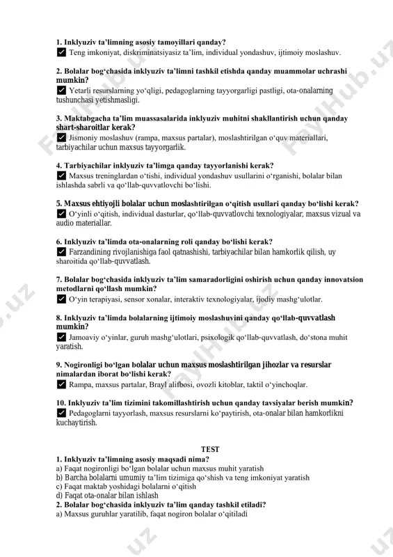 i bolalarni jamoadagi boshqa bolalar bilan moslashtirish. • pedagoglar va ota-onalar bilan hamkorlik qilish. 3. moslashtirilgan o‘quv jarayonini tashkil etish bilimlar: • individual ta’lim dasturlari (itd) ishlab chiqish. • differensial ta’lim usullari va yondashuvlari. • reabilitatsiya va defektologik yondashuv asoslari. ko‘nikmalar: • o‘quv rejalarini bolalarning individual ehtiyojlariga moslashtirish. • nogironligi bo‘lgan bolalar uchun maxsus didaktik materiallar tayyorlash. • rivojlanish qiyinchiliklari bo‘lgan bolalar bilan samarali muloqot olib borish. 4. baholash va monitoring tizimi bilimlar: • inklyuziv ta’limda baholash tamoyillari. • doimiy monitoring va rivojlanish kuzatuvi. • ota-onalar va mutaxassislar bilan hamkorlikda natijalarni tahlil qilish. ko‘nikmalar: • inklyuziv ta’limda natijalarni baholash usullaridan foydalanish. • bolalarning o‘sish dinamikasini tahlil qilish va zarur o‘zgartirishlarni kiritish. • individual rivojlanish dasturlarini doimiy ravishda takomillashtirish. xulosa talabalarga inklyuziv ta’limga jalb etishning ushbu to‘rt bosqichi bo‘yicha bilim va ko‘nikmalar berish orqali: 1. ular nogironligi yoki rivojlanishida farq bor bolalarni inklyuziv ta’limga tayyorlashni o‘rganadi. 2. o‘quv muhitini shaxsiy ehtiyojlarga …