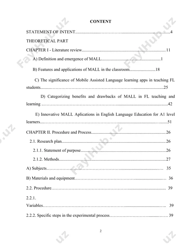 ………............................25 d) categorizing benefits and drawbacks of mall in fl teaching and learning ..……………………………………………...............................................42 e) innovative mall aplications in english language education for a1 level learners....……………………………………………...................................….......51 chapter ii. procedure and process 26 2.1. research plan 26 2.1.1. statement of purpose 26 2.1.2. methods 27 a) subjects……………………………………………...................................…. 35 b) materials and equipment…………………………………….........................… 36 2.2. procedure……………………………………………….................................. 39 2.2.1. variables…………………………………………………................................….. 39 2.2.2. specific steps in the experimental process……………………….........……. 39 2.3. data collection……………………………………………….............................…….. 41 iii. results and discussion……………………………………………….........................….. 44 3.1. result and analysis…………………………………...........................……… 44 answers to the research questions………..……………………................……. 51 3.2. final reflection…………………………………….............................…… 56 iv. list of used literature……………………………………………..………. 61 statement of intent in an increasingly digital world, the integration of technology into education has become essential for enhancing learning experiences. mobile-assisted language learning (mall) stands out as a pivotal approach, leveraging mobile technologies to support language acquisition. this research aims to investigate the effectiveness of integrating mall into the teaching practices for a1 …