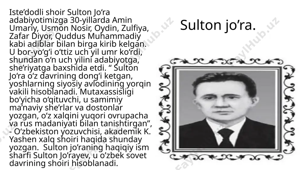 uni 1933 yilda aʼlo baholar bilan tugatdi; shu ilm oʻchogʻida adabiyot muallimi boʻlib xizmat qildi. 1941 yilda esa toshkent davlat pedagogika institutini tugatdi. shoir ijodi garchi erta boshlangan va koʻpgina sheʼrlari yoshlar gazetalari va “yosh kuch”, “kolxozchi bolalar” kabi jurnallarda chop etilgan boʻlsa ham, “qoʻshiqlar” nomli birinchi sheʼriy toʻplami 1938 yilda nashr etildi. shoirning ijodiy faoliyati jurnalistika bilan chambarchas bogʻliqdir. u 1941 yildan to umrining oxirigacha respublika gazetalarida masʼul kotib, boʻlim mudiri vazifalarida ishladi. shoirning “qoʻshiqlar” toʻplamidan soʻng “tantana” (1938), “sheʼrlar” (1939), “bizning qurolimiz”, “bizning oila” (1942), “sovgʻa” (1944) kabi sheʼriy toʻplamlari chop etildi. zafar diyor zafar diyor ikkinchi jahon urushi yillarida rang-barang janrlarda samarali ijod qildi. uning “qurol bering menga ham!” sheʼri h. olimjonning “qoʻlingga qurol ol!” asariga hamohang. shuningdek, “orzu”, “temurchilar maktubi”, “otam kelar yaqinda”, “tabassum”, “toʻqqizinchi may” kabi sheʼrlari yoshlarni qahramonlik, vatanparvarlik va doʻstlik ruhida tarbiyalashda muhim rol oʻynaydi. zafar diyor mohir bolalar shoiri boʻlishi bilan birga, …
