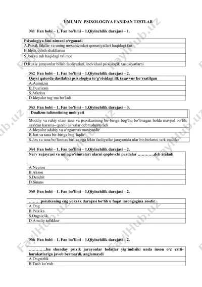 umumiy psixologiya fanidan testlar — DOCX