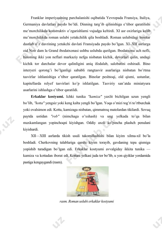 r kostyumi aslzodalar uzun, past tabaqalar — kalta kottani kiyishardi. kotta yengli yoki yengsiz bo’lishi mumkin edi. uning oldi berk bo’lgani uchun boshdan kiyilardi, shuning uchun old yoqa o’mizi sal qirqilib, bog’ichga boyalanar edi. ayollar kostyumi. ayollar kostyumi, erkaklarniki singari, birining ustidan biri kiyiladigan uzun tunikalar edi. ichki tunikani ichki ko’ylak "kamiza"ning ustidan kiyishgan. tunikalar "kotta" va "syurko" deb atalardi. kiyimning silueti yelkasi tor va etagi juda keng trapetsiyasimon bo’lgan. odatda, ko’ylaklar yoqasiz, berk edi. bel chizig’i ko’tarilgandi. xi asrdan boshlab uzun yubkaning etagi yonidan yoki oldidan ko’tarilib, qorinning ustida burmalangan, chunki bu davrda urushlarda, vabo va o’lat epidemiyalari natijasida ko’p odamlar xalok bo’lgan va shuning uchun axolini ko’paytirish kerak edi va xomilador ayollar izzat-ikromda bo’lganlar. kotta yengi tor va uzun, syurko esa yengsiz yoki keng kalta yengli bo’lgan. syurkoni belbog’ bilan bog’lashgan. ustki kiyim uzun, yorqin rangli, yarim doira shakldagi plashchlar bo’lgan (a, b rasmlar). a) b) rasm.yevropa ayollar …