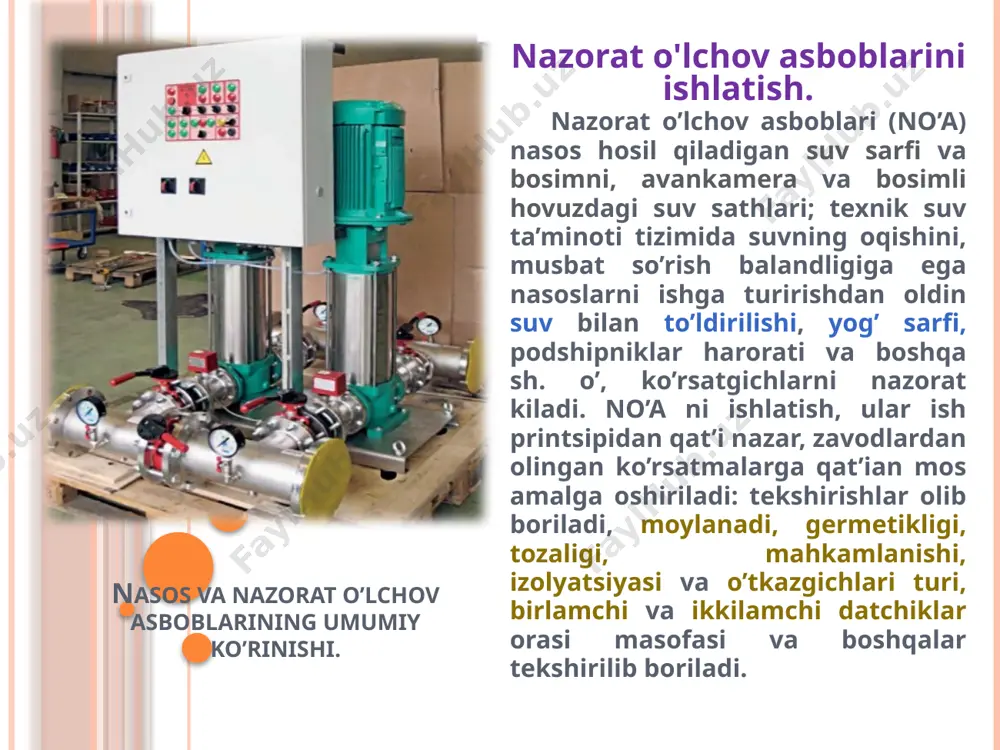 shga suvni kelishi, podshipniklar, podpyatniklar vannalariga yog’ni kelishi (oqim datchiklari ); kollektorlar, kontakt xalqalari va shetkalarning holati (shetkalarni notekis urilishi, uchqun chiqarishi, kollektomi qorayishi, erigan qalay tomchilanishi va b.); nasosning napor - suv sarfi xarakteristikasini olish uchun nasos quyidagi no’a lari: manometr (nasosni bosimli patrubkasiga o’rnatiladi), musbat so’rish balandligi. o’lchov trubkasi salniklarga o’rnatiladi, uning korpusi quvurning qobig’iga kavsharlangan yoki burab kiritilgan bo’ladi. ko’rsatuvchi asbob sifatida differentsial, smobli yoki prujinali manometrlardan foydalanish mumkin. manometrlar yo’q bo’lsa namunaviy prujinali manometrlardan foydalanilsa bo’ladi, ulardan biri o’lchov trubkasiga, ikkinchisi esa kollektorga ulanadi va gidrodinamik bosim o’lchanadi. standart diametrli, ruxlangan yoki zanglamaydigan po’latdan qilingan trubkalardan foydalaniladi. o’lchov stvolini jihozlash sxemasi: 1 - silindrik o’lchov trubkasi; 2 - gidrodinamik bosimni o’lchab olish; 3 - differentsial manometr; 4 - salniklar; 5 - quvur. agregatdan yog’ va suvni sizib o’tishini mumkinligi (sizib o’tish bartaraf qilinadi, elektrodvigatel o’ramasi va boshqa detallariga yog’ni o’tqazilmaydi); rele va avtomatika apparaturasi, o’lchash va …
